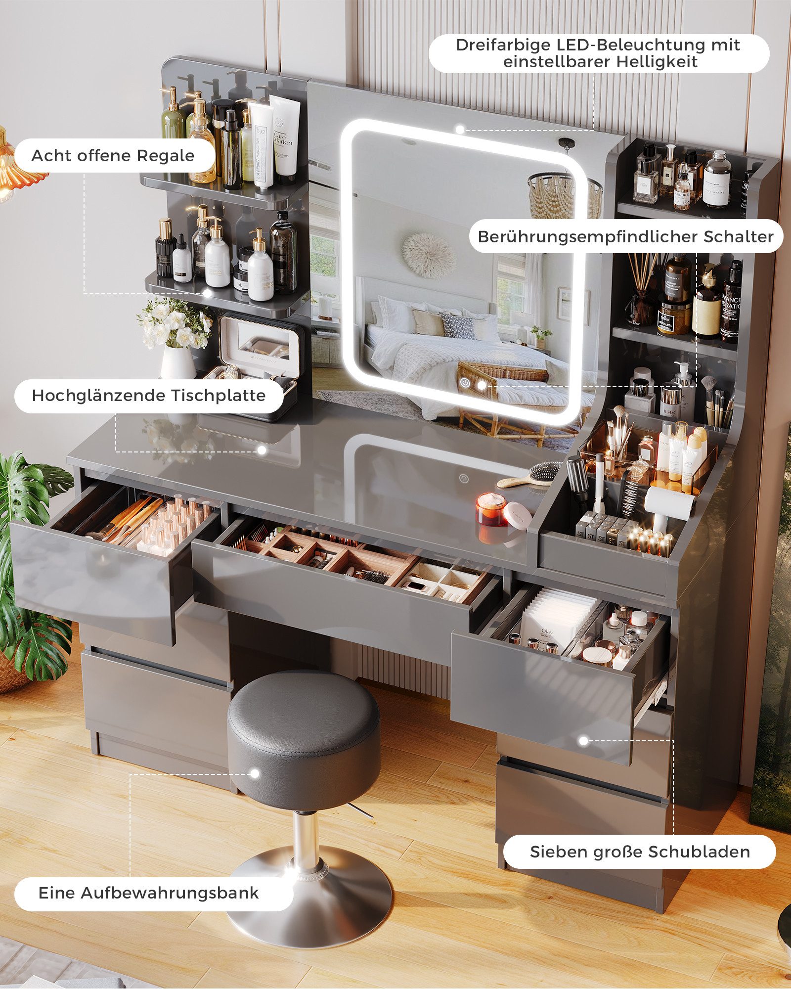 HOMALL Schminktisch Eingebaute LED-Beleuchtung, einstellbare Helligkeit, mit 7 Schubladen (Maße: 110 × 40 × 139 cm, mit verstellbarer LED-Spiegelbeleuchtung, dr – Bild 4 von 5