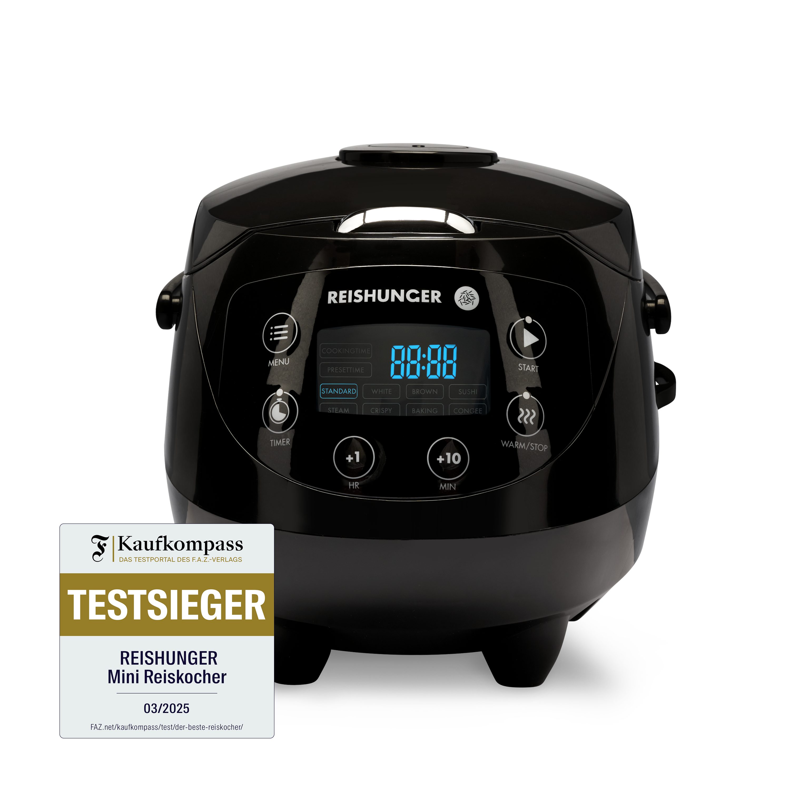 Reishunger Reiskocher Digital Mini – 0,6 L – Multikocher – 8 Programme – Keramikbeschichtung, 350 W, Dämpfeinsatz, Messbecher, Reislöffel, Timer- und Warmhaltefunktion