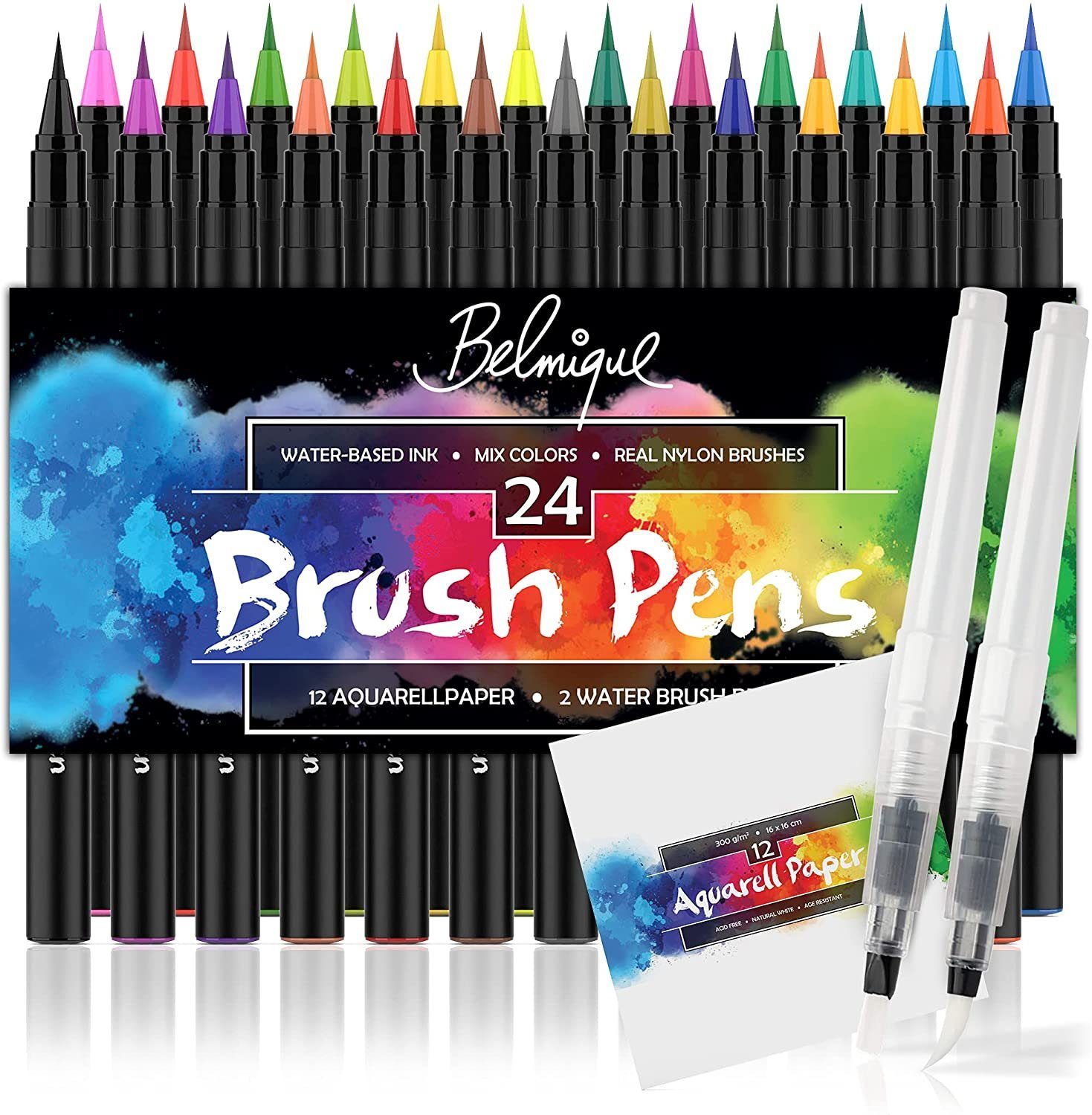 Belmique Aquarellstifte Brush Pens XXL-SET, (INKL. 2 Wassertankpinsel und 24 Blatt Aquarellpapier, 38-tlg., 38 SET), Kalligraphie Карандаши, Handlettering