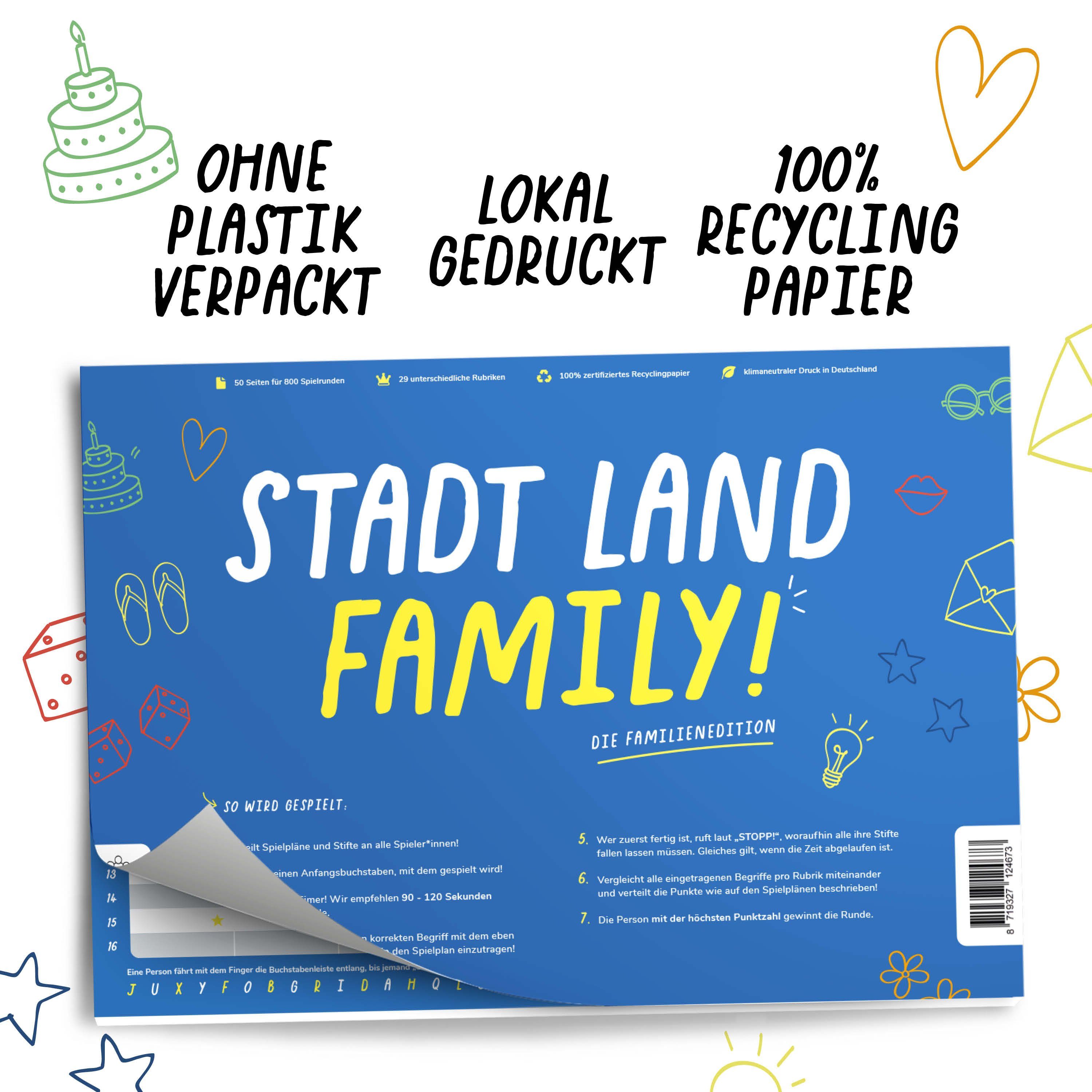 Spiel, STADT für FAMILY, Familienspiel Recyclingpapier LAND gedruckt, Pihu 100% Klimaneutral Familien, Denkspiel