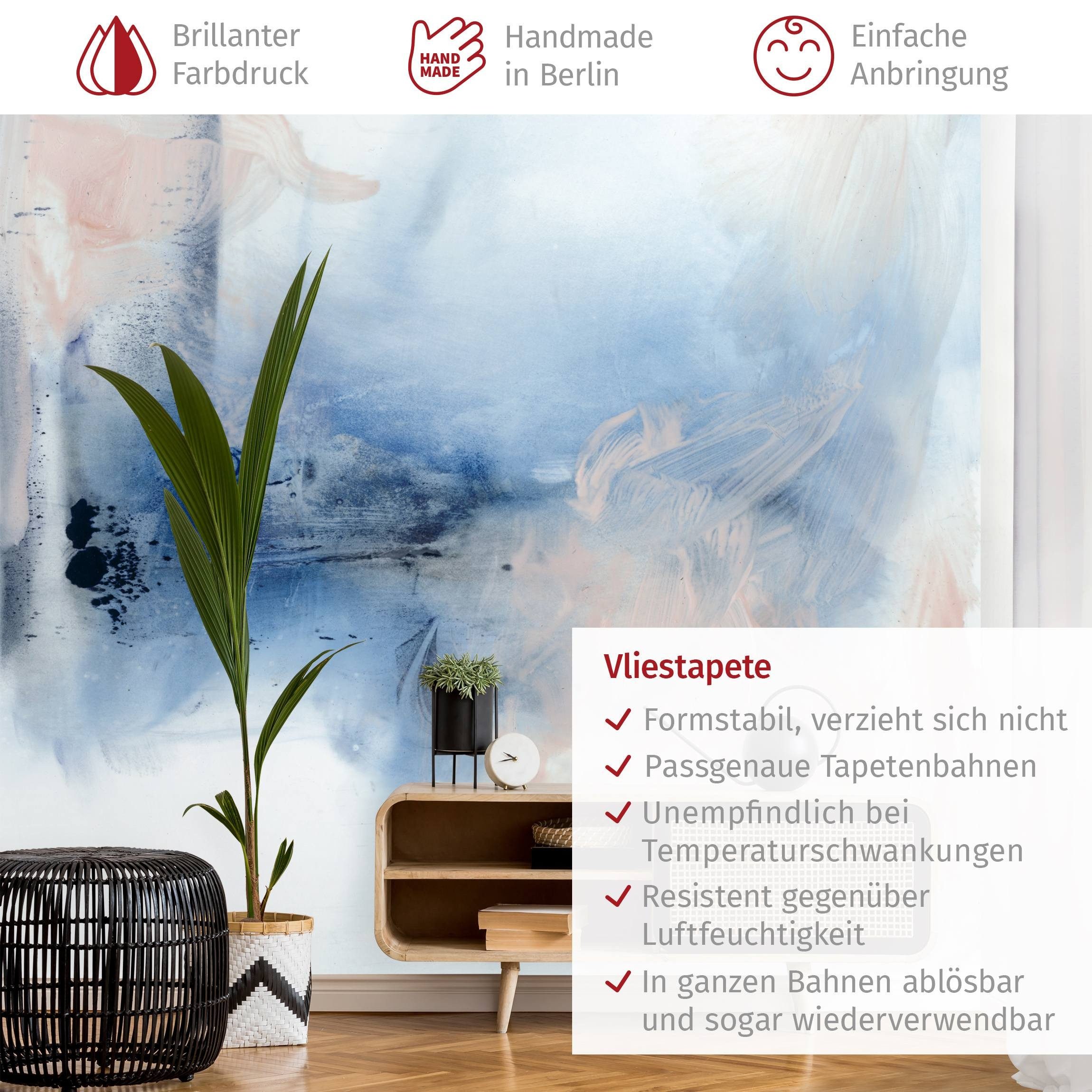 Bilderdepot24 Vliestapete Abstrakt Abstrakt Blau Rosa Aquarell Tapete Wanddeko Modern Kunst, Glatt, Matt, (Vliestapete inkl. Kleister oder selbstklebend), Wohnzimmer Schlafzimmer Küche Flur Fototapete Motivtapete Wandtapete