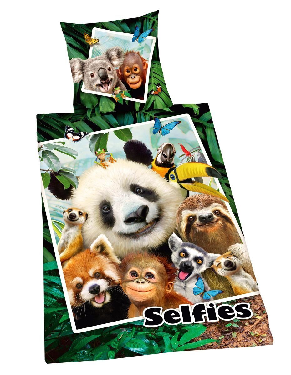 Herding Jugendbettwäsche Selfies Jungle 135x200cm Dschungel Panda Grün, Renforcé, 2 teilig, Dschungeltiere, Selfie mit Reißverschluss