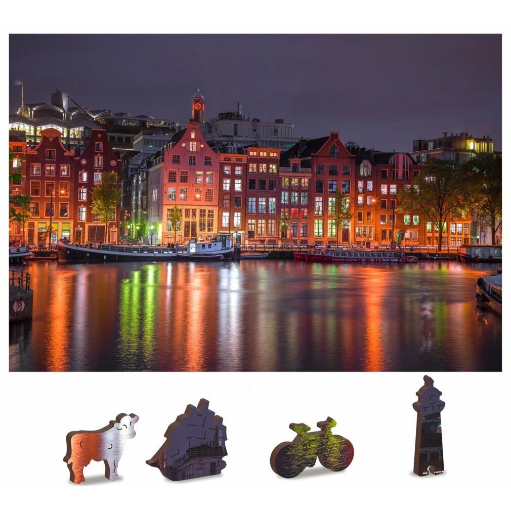 Wooden City Puzzle Holzpuzzle Nacht Amsterdam 2in1, 150 Teile ECO, Puzzleteile