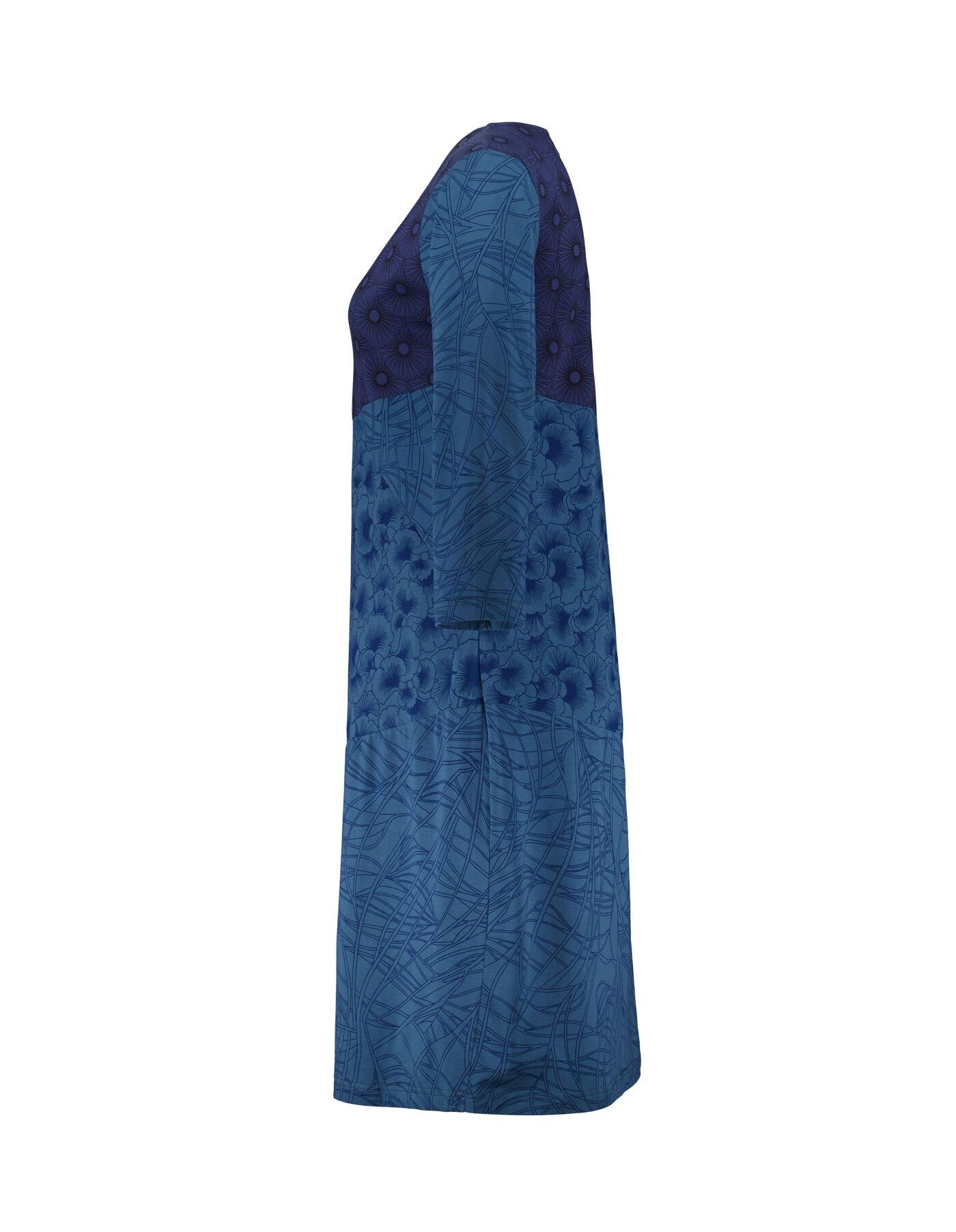 Hippie echtes Jerseykleid Deerberg Bio-Baumwolle Patchwork aus dunkelblau Patchwork Kleid bedruckt Ziminka Goa