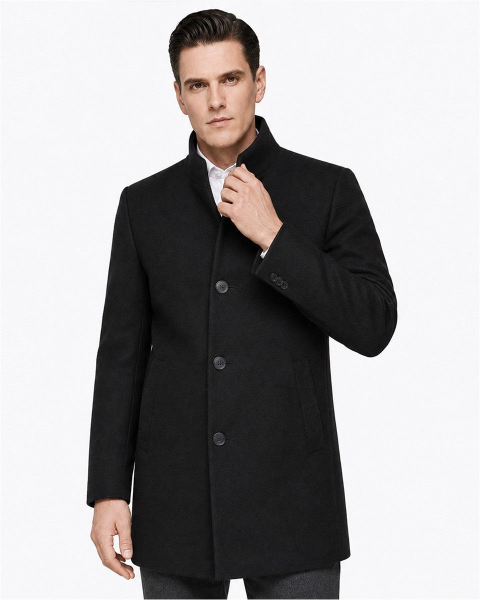 Allthemen Wintermantel warmer Wintermantel aus Wollmisch Herren Wollmisch-Wintermantel Slim Fit mittellang Stehkragen Business