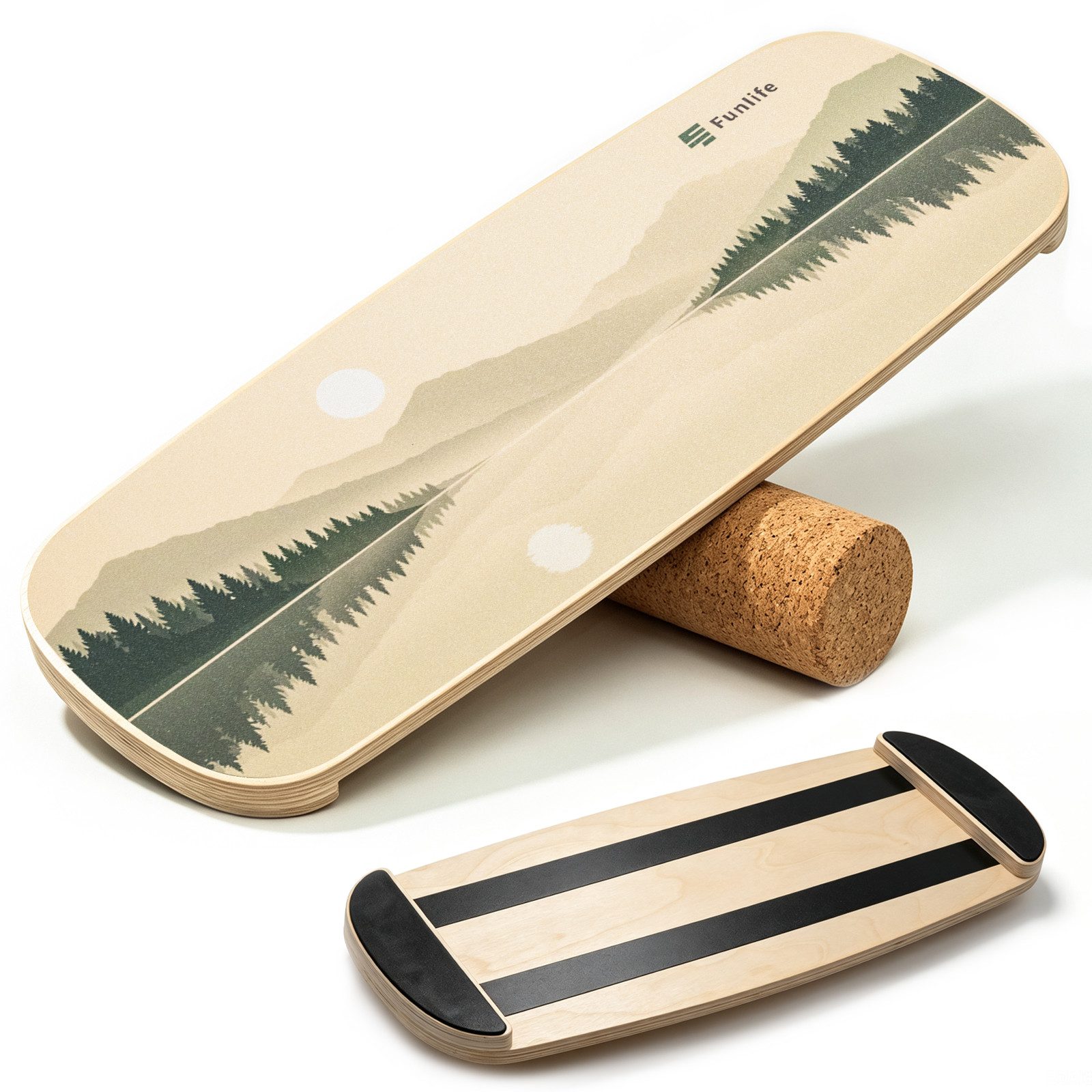 FunLife Balanceboard Design-Edition – einzeln, mit Fitnessbändern oder Balance-Zubehör, Wackelbrett aus Birkenholz mit Korkrolle, bis 150 kg belastbar