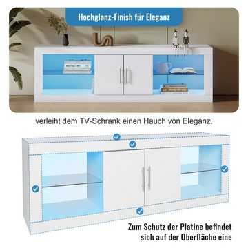 Merax TV-Schrank mit Glasböden und verstellbarem Einlegeboden Lowboard mit Hochglanz Front, TV-Board mit LED, TV-Ständer, B:140cm