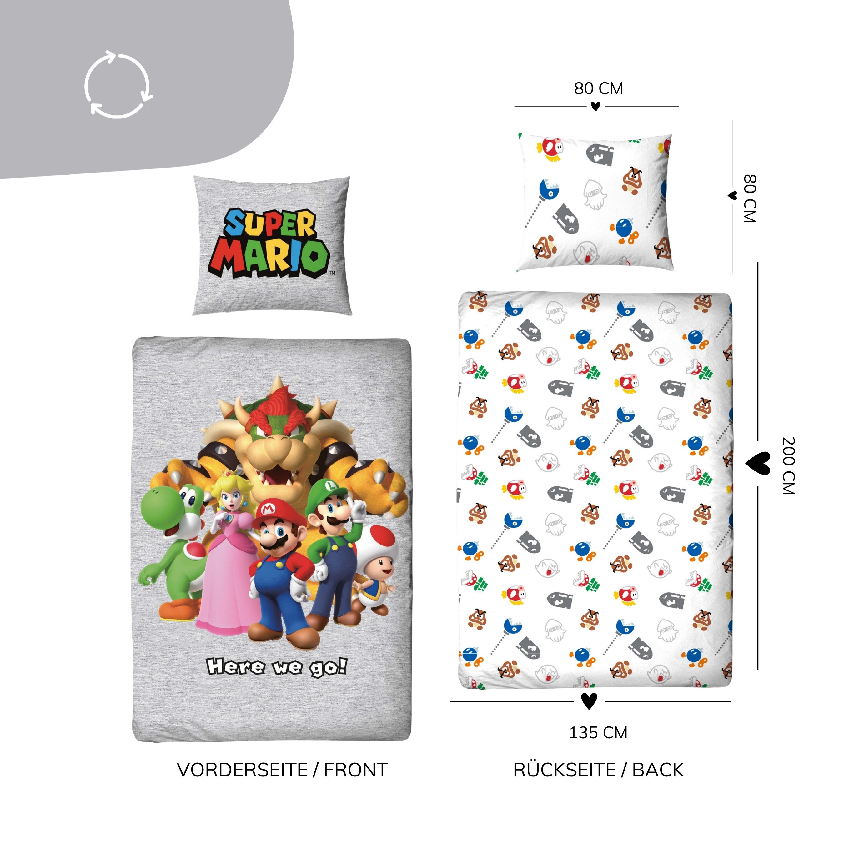 MTOnlinehandel Kinderbettwäsche Nintendo Super Mario in 135x200 + 80x80 cm, Geschenk für Gamer, Microfaser, 2 teilig, Wendebettwäsche für Mädchen und Jungen, Ga – Bild 4 von 5