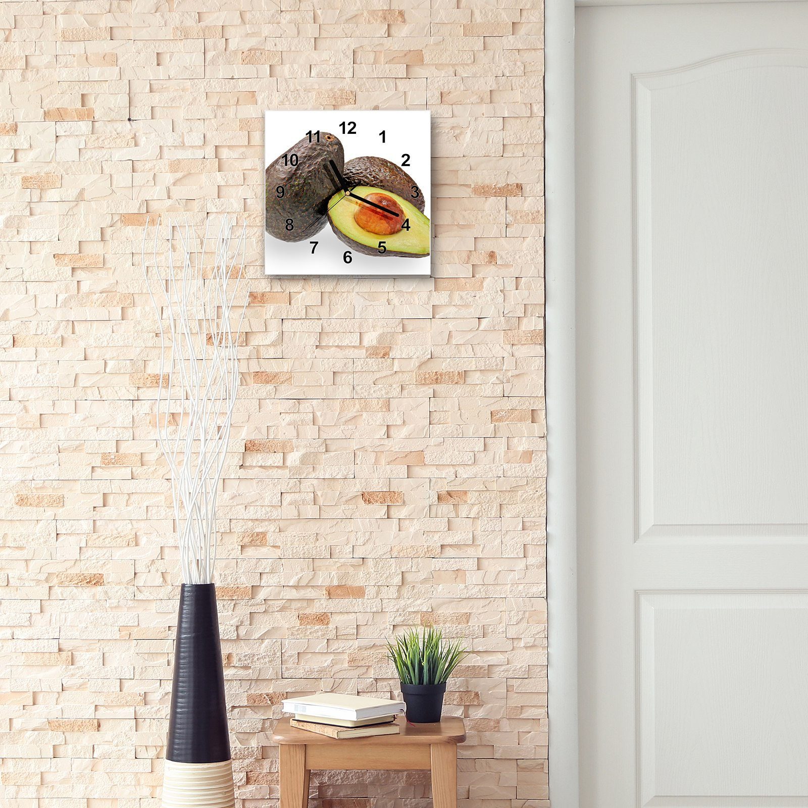 Avocado mit Primedeco Wandkunst x Größe Motiv Wanduhr Wanduhr 30 Glasuhr frisch 30 cm