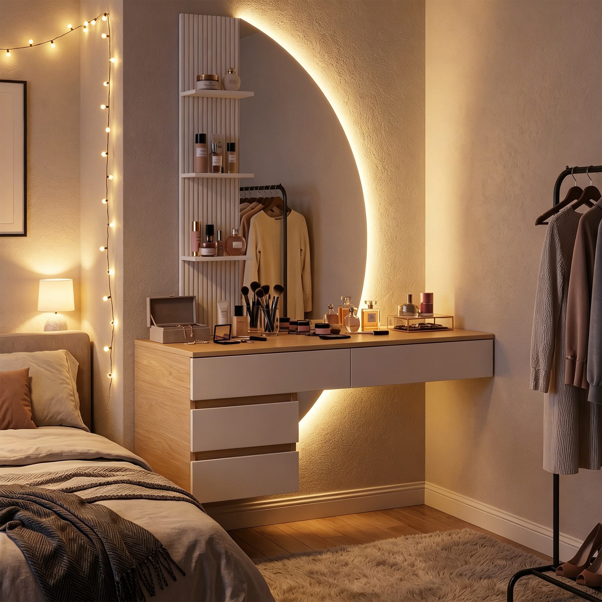 HOMALL Schminktisch Hängender Schminktisch mit drei einstellbaren Farbtemperaturen (LED-Silikon-Lichtleiste in drei Farben, Maße: 106 × 40 × 143 cm, mit 3 offen – Bild 3 von 5