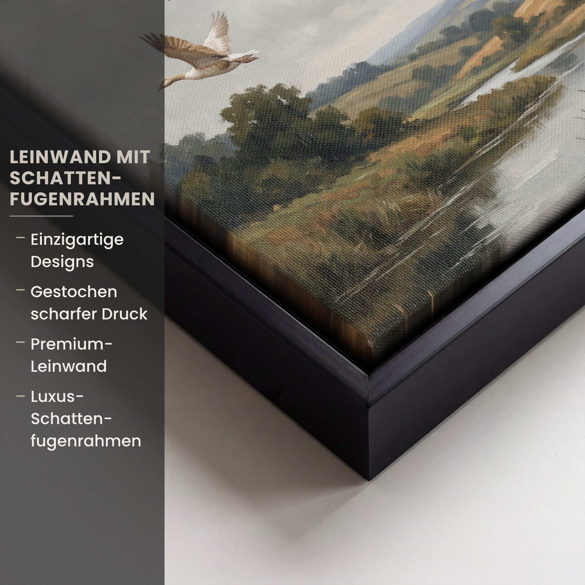 OneMillionCanvasses® Leinwandbild mit Rahmen - Enten - Fluss - Landschaft - Flug - Nostalgisch, Fotodruck (1 St), Leinwand Bilder Klein, Wand Dekoration Aesthet – Bild 3 von 5