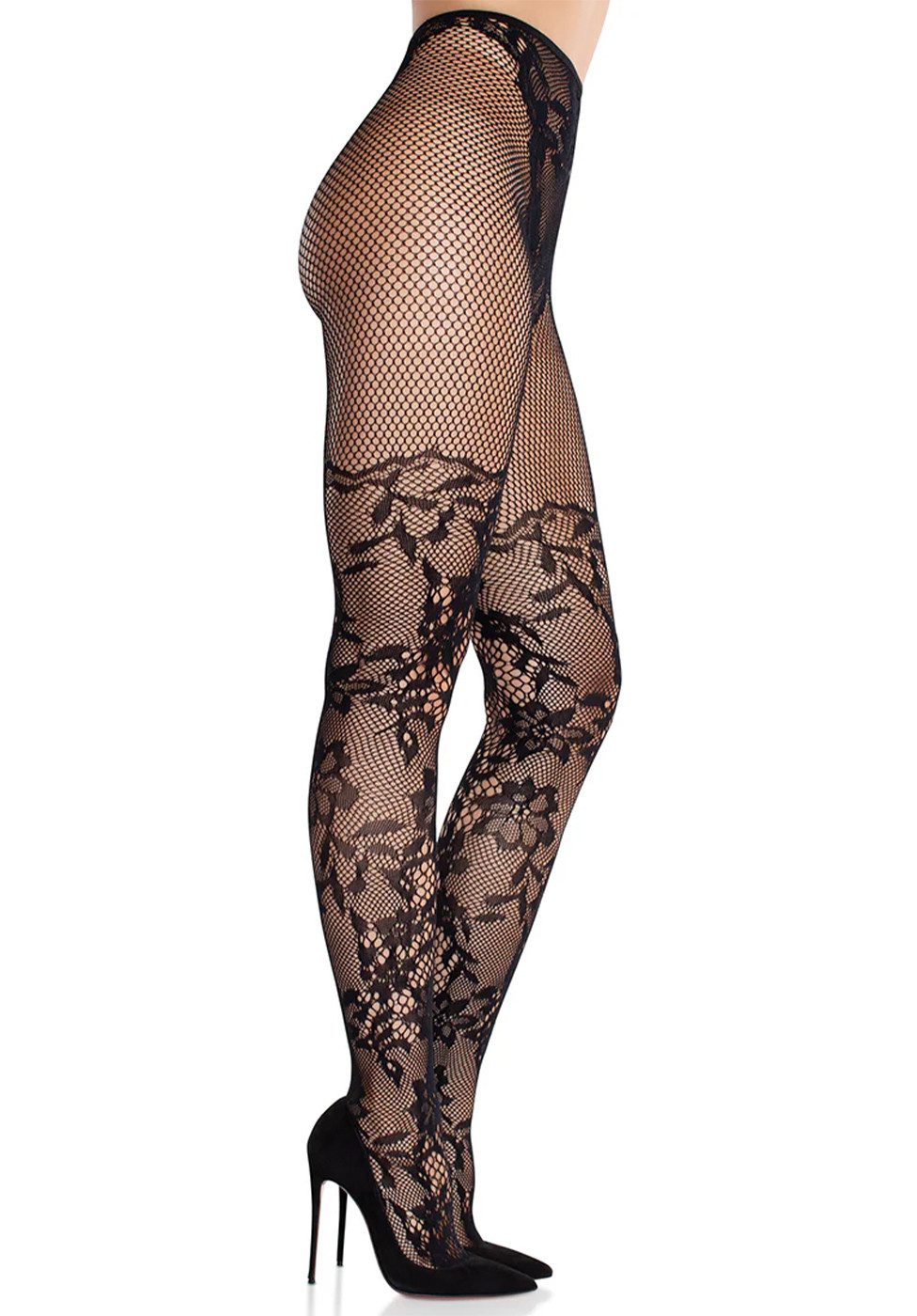 Leg Avenue Strumpfhose Netz-Strumpfhose mit Spitzen-Muster - schwarz (1 St) besticht durch ein filigranes florales Spitzenmuster