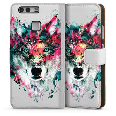 DeinDesign Handyhülle Riza Peker Wolf bunt Wolve ohne Hintergrund, Huawei P9 Hülle Handy Flip Case Wallet Cover Handytasche Leder
