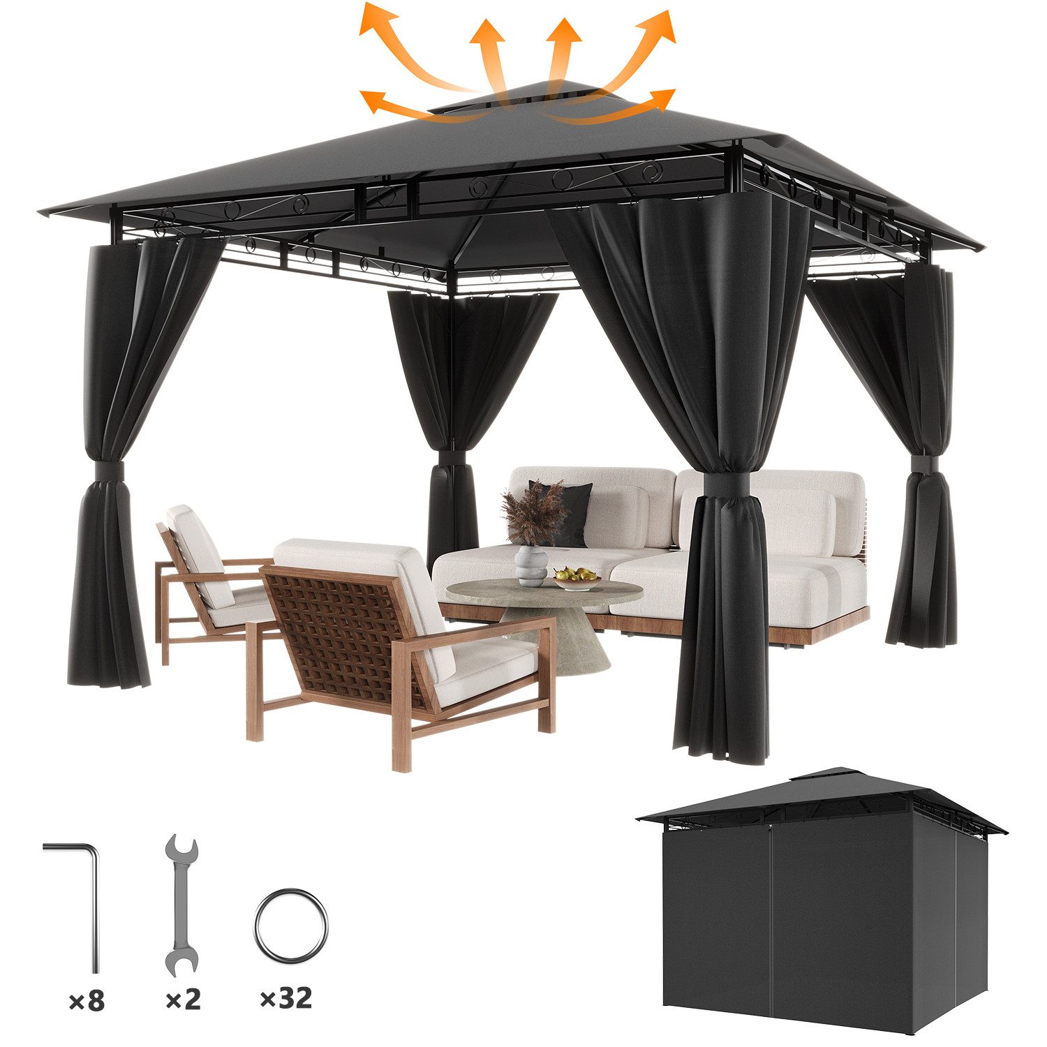 HOMALL Pavillon wetterfestes Gartenpartyzelt mit 4 Seitenwänden, mit Solar-LED, mit 4 Seitenteilen, Gartenpavillon für 4-10 Personen, Winterfest und Wasserdicht