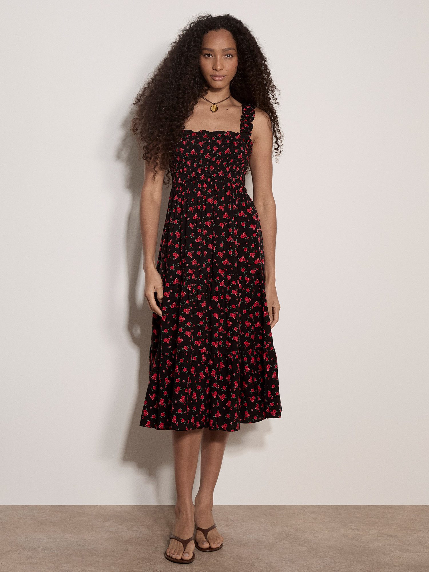Apricot Midikleid Florales Midikleid mit Smokdetails
