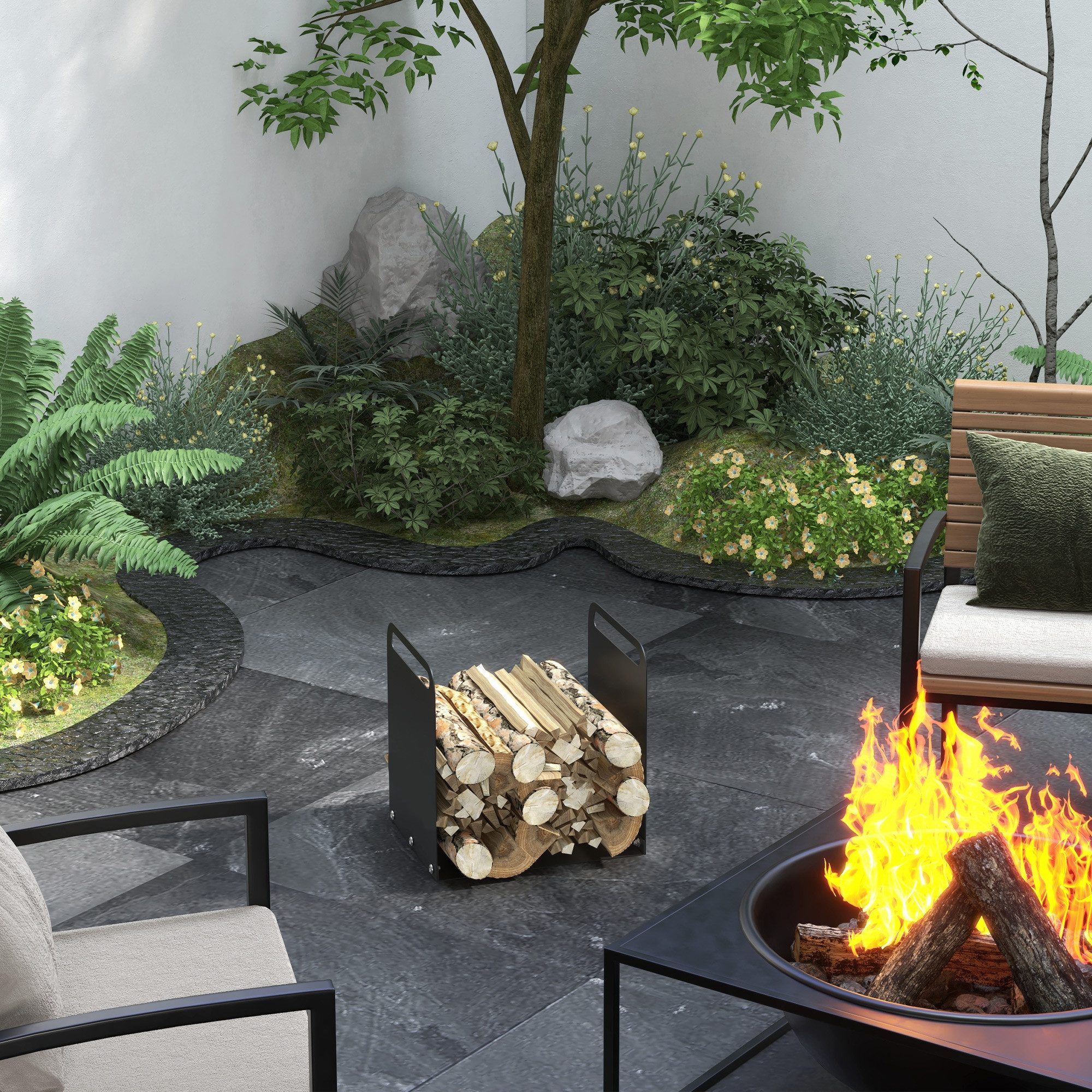 Outsunny Kaminholzregal mit Griffe, BxTxH:36.5x30x90 cm, (Feuerholzregal, 1-St., Brennholzregal), für Outdoor, Indoor, bis 30 kg, Stahl, Schwarz