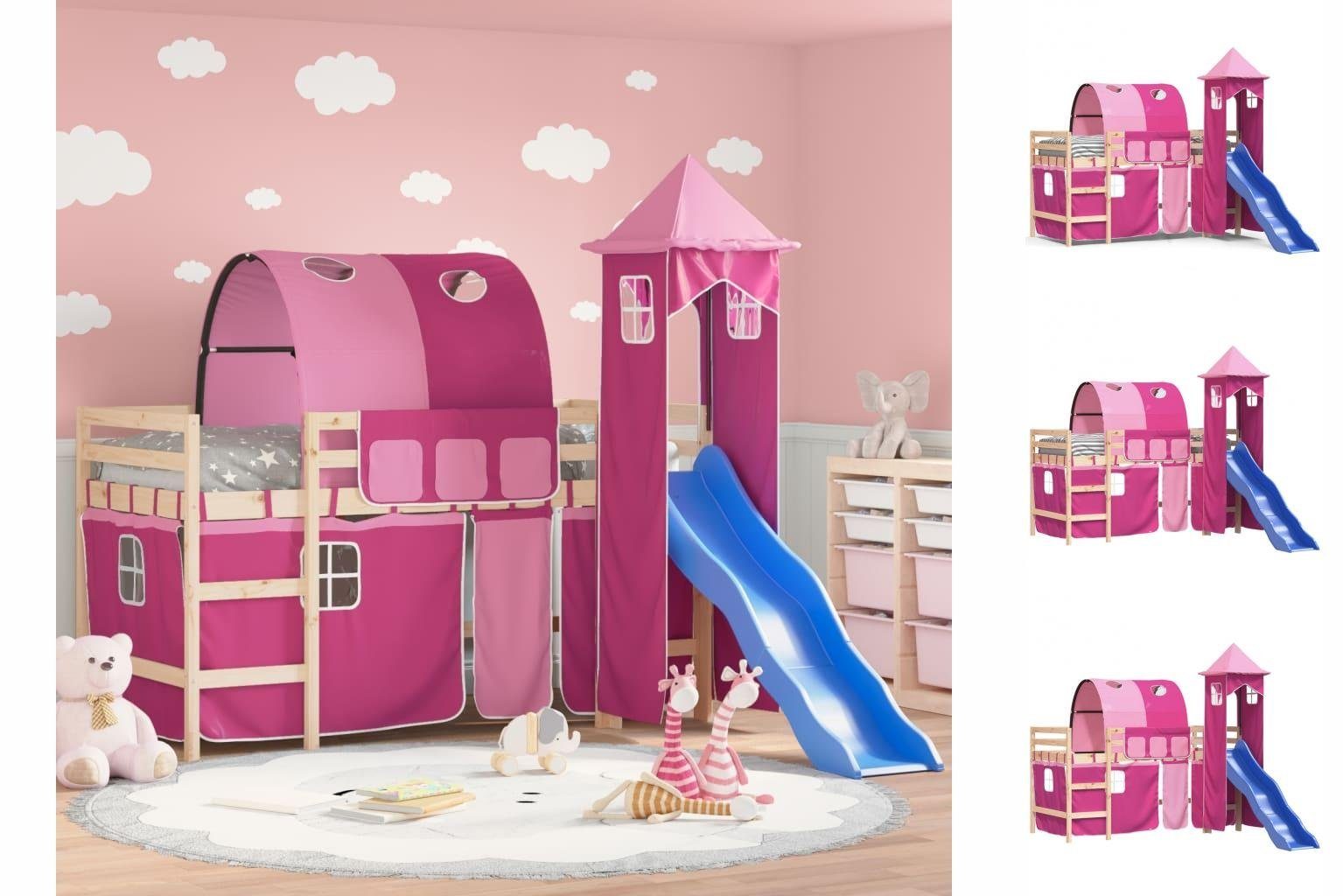vidaXL Kinderbett Kinderhochbett mit Turm Rosa 80x200 cm Massivholz Kiefer