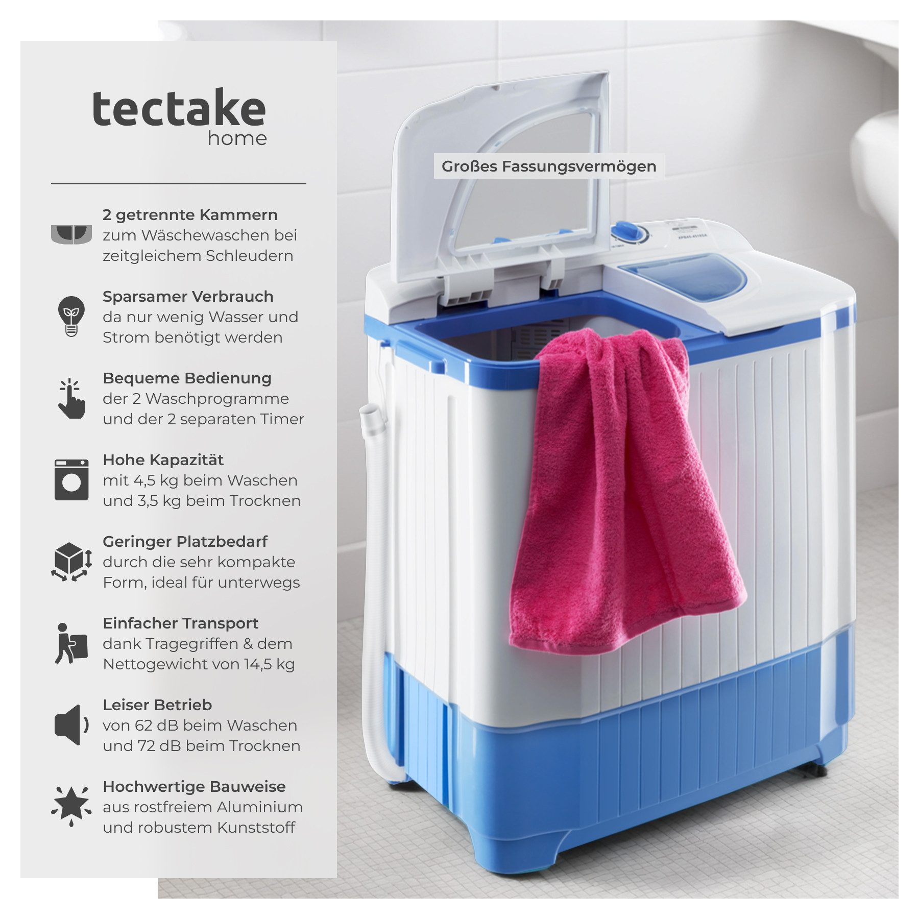 tectake Wäscheschleuder Mini-Waschmaschine - 2-in-1 Wasch- und Schleuderfunktion, 358 U/min, 4,50 kg, Wasser-, energie- und zeitsparend, stabil und bruchfest