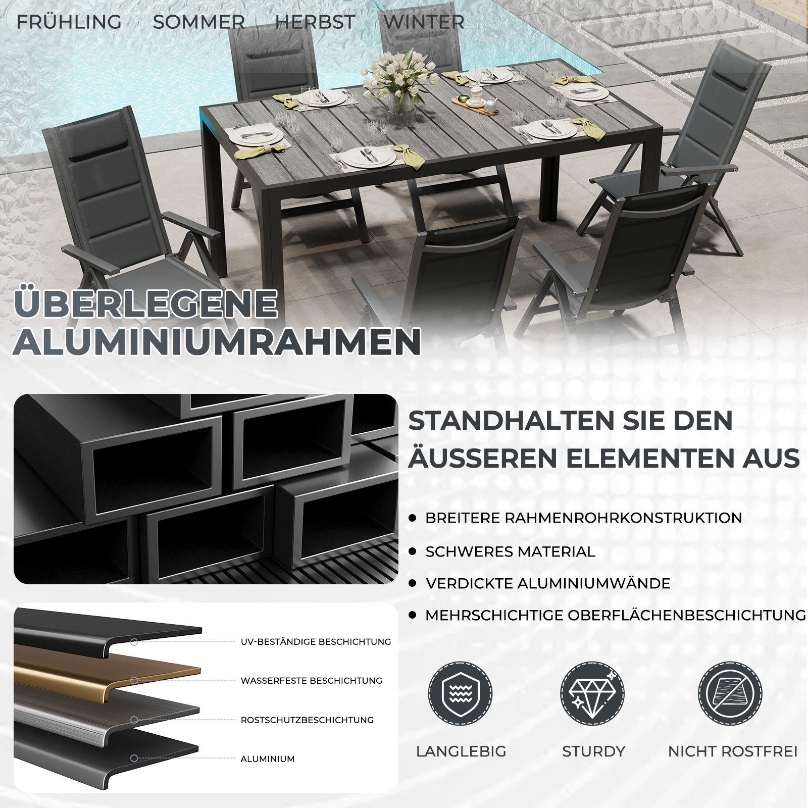 HOMALL Garten-Essgruppe Gartenmöbel Set aus klappbarer Armlehnstuhl und Aluminium Gartentisch, (7-tlg., 6 Klappstuhl (bis 160kg), 1Tisch (bis 100kg), Aluminium, – Bild 4 von 5