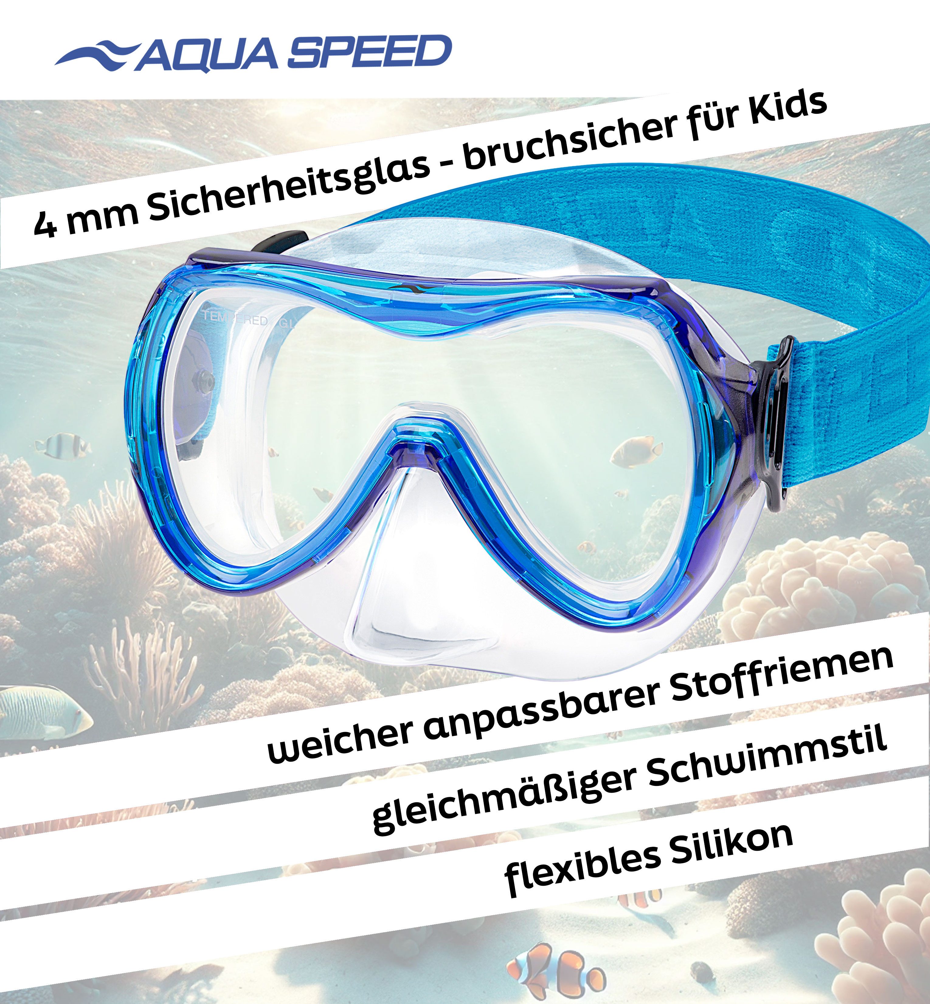 Aqua Speed Schnorchel ALIZE FS Tauchmaske für Kinder Kindertauchmaske Stoffband (Sicher, Bequem und Perfekt für Kleine Unterwasser-Abenteurer), Taucherbrille Kind Stoff-Kopfband Einzellinse