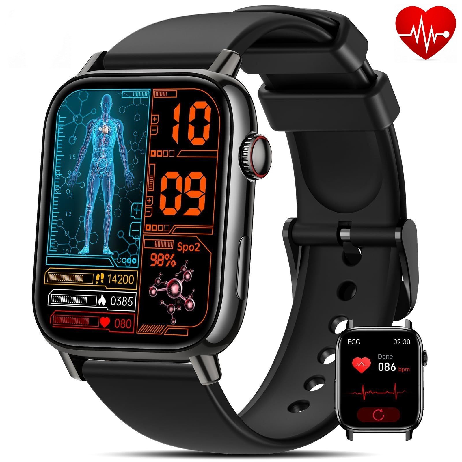 BANLVS Smartwatch Herren Damen ʙʟᴜᴛᴢᴜᴄᴋᴇʀ/ECG+PPG/Blutdruck/BMI-Überwachung Smartwatch (1.83 Zoll, High-Definition-Display) 150+ Sportmodi, IP68 Wasserdichter Gesundheitsuhr, 145+Sportmodi, 2025 NEW Fitnessuhr mit Herzfrequenz-/SpO2-/Schlafüberwachungsfunktion