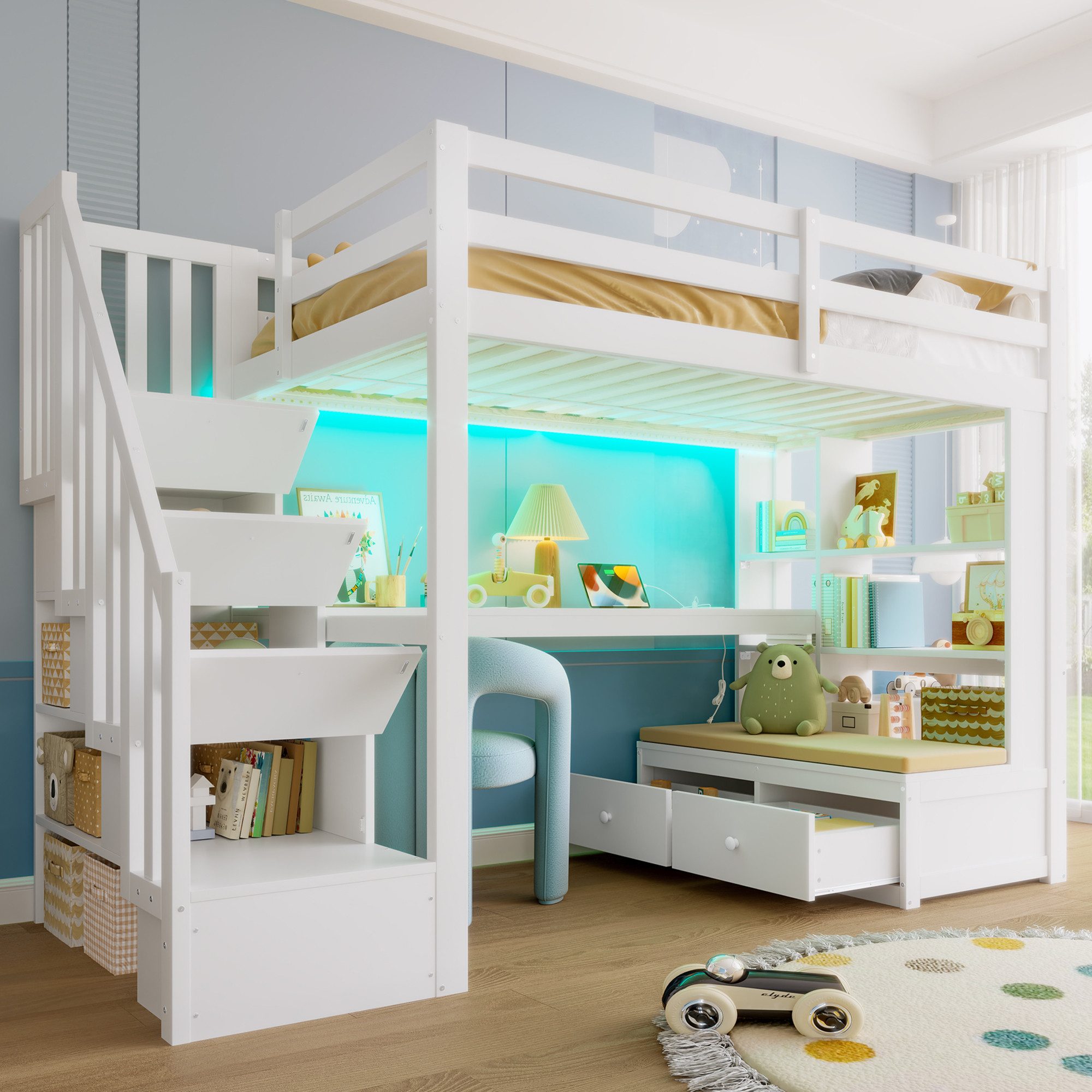 Flieks Hochbett Kinderbett 90x200cm mit LED, Stauraumtreppe, Schreibtisch, Schubladen