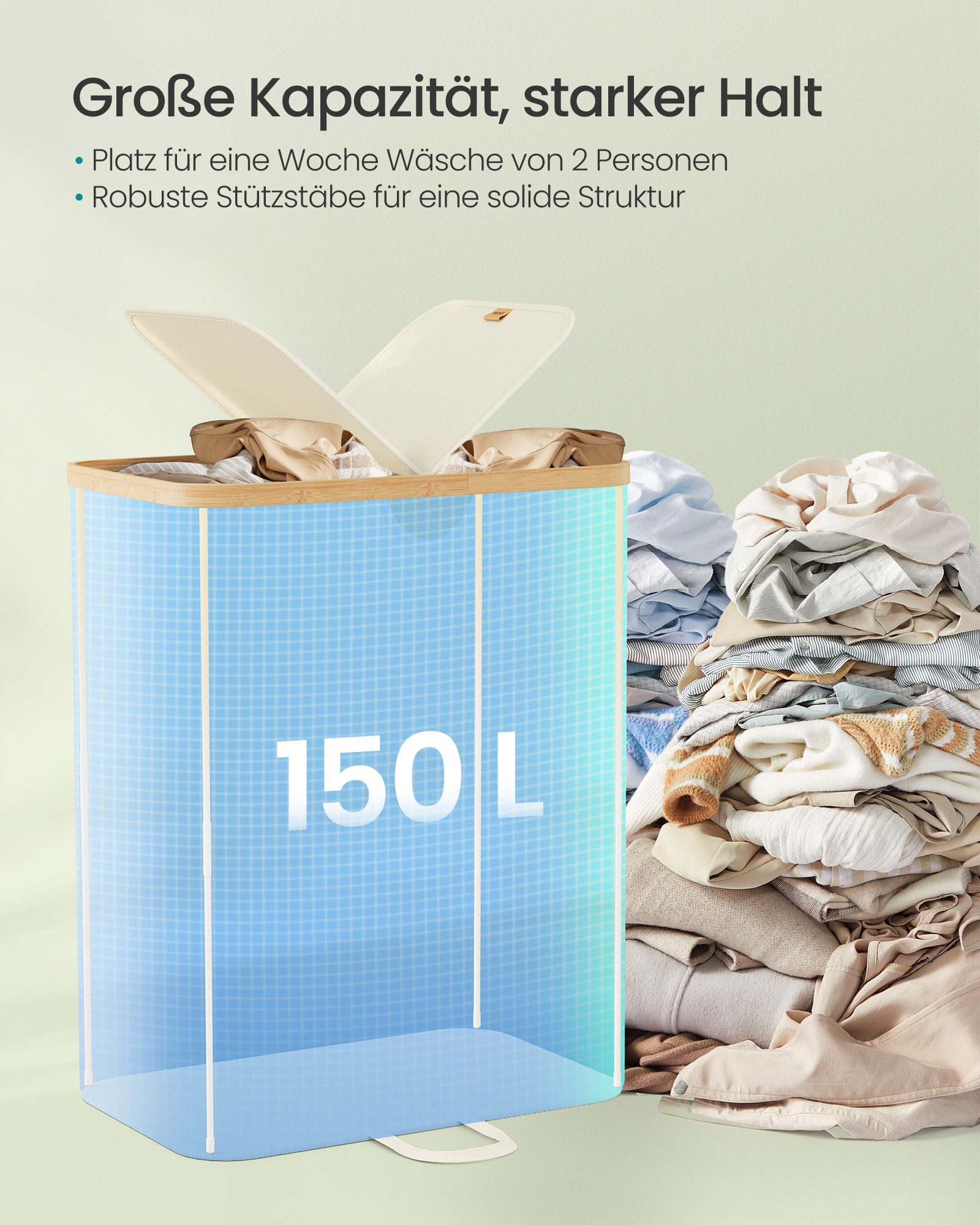 SONGMICS Wäschekorb, 2 Fächer,150 Liter,mit Deckel, herausnehmbarer Wäschesack,weiß-beige