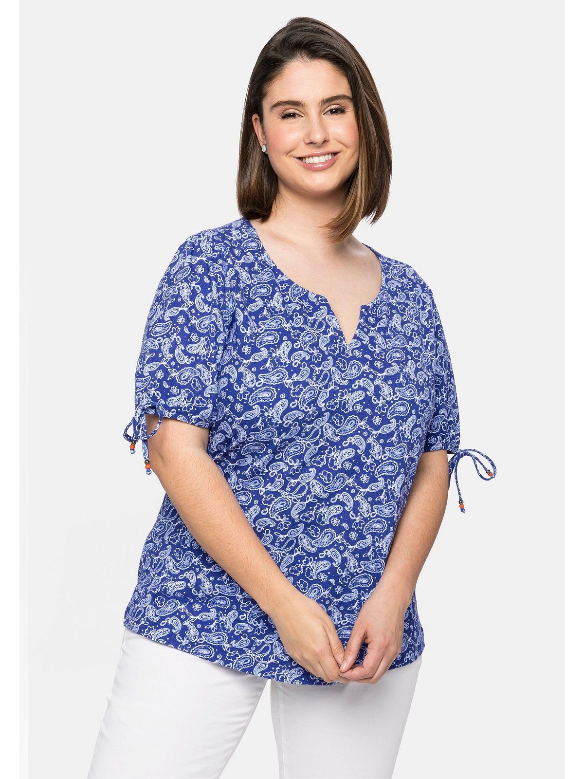 [Normaler Versandhandel im Laden] Sheego T-Shirt Große Größen mit Paisleydruck Arm Bindeband und am royalblau
