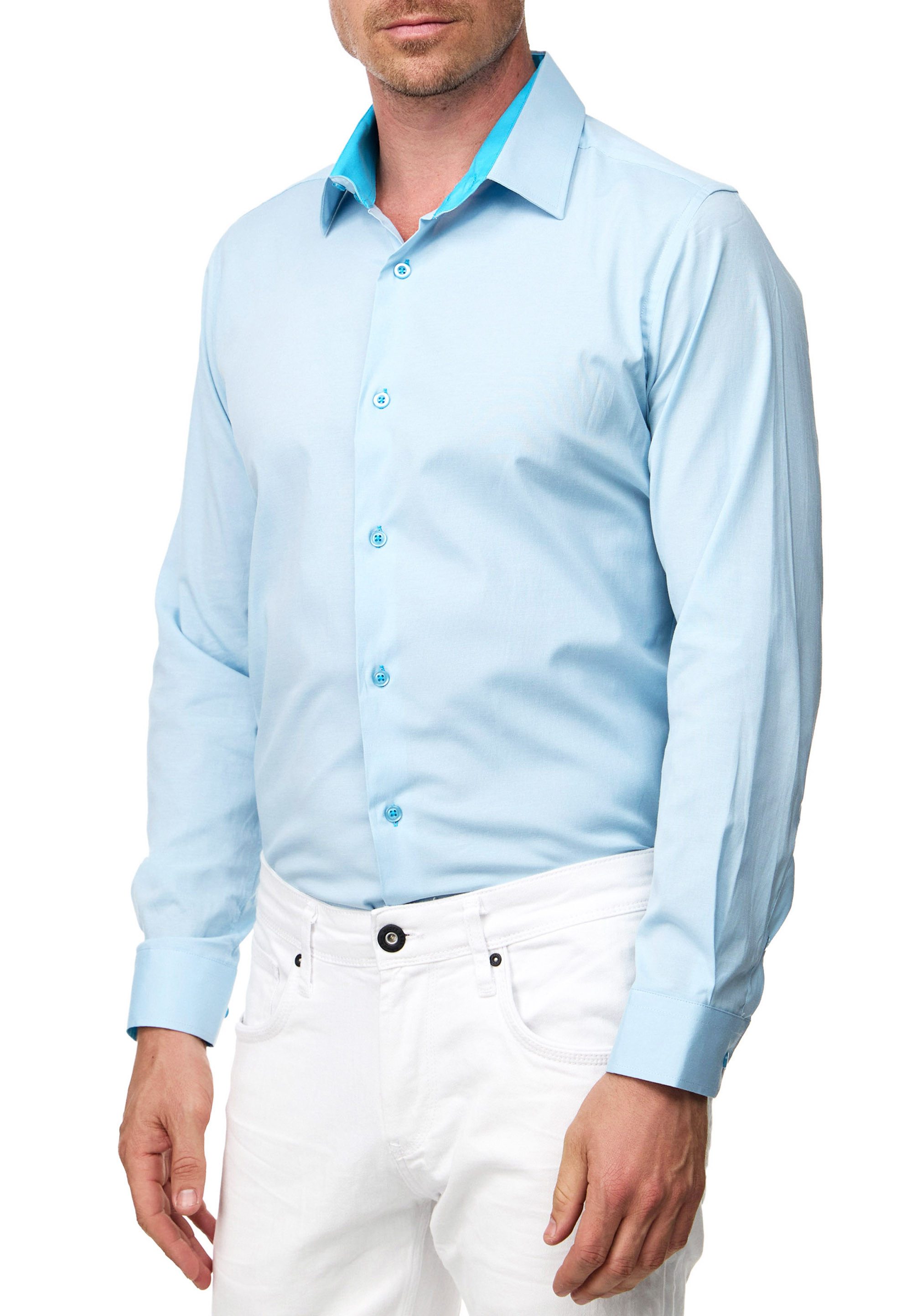 R-NEAL Businesshemd Pastellhemd Herren Slim Fit Hemd Langarm Kontrasthemd Cotton Strech