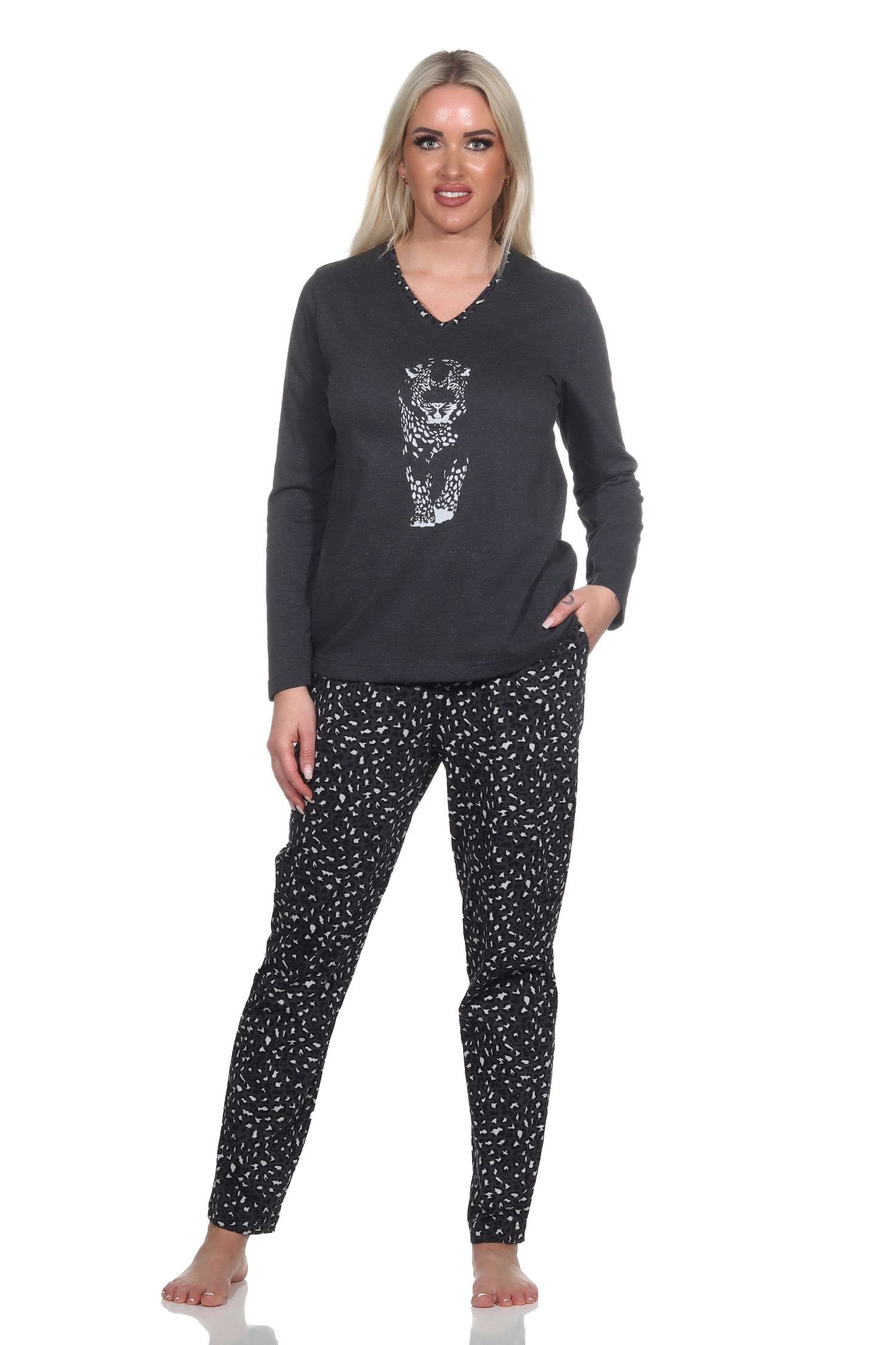 Normann Pyjama Damen Langarm Schlafanzug mit Tiermotiv, Hose im Animal-Print-Look anthrazit-mel.