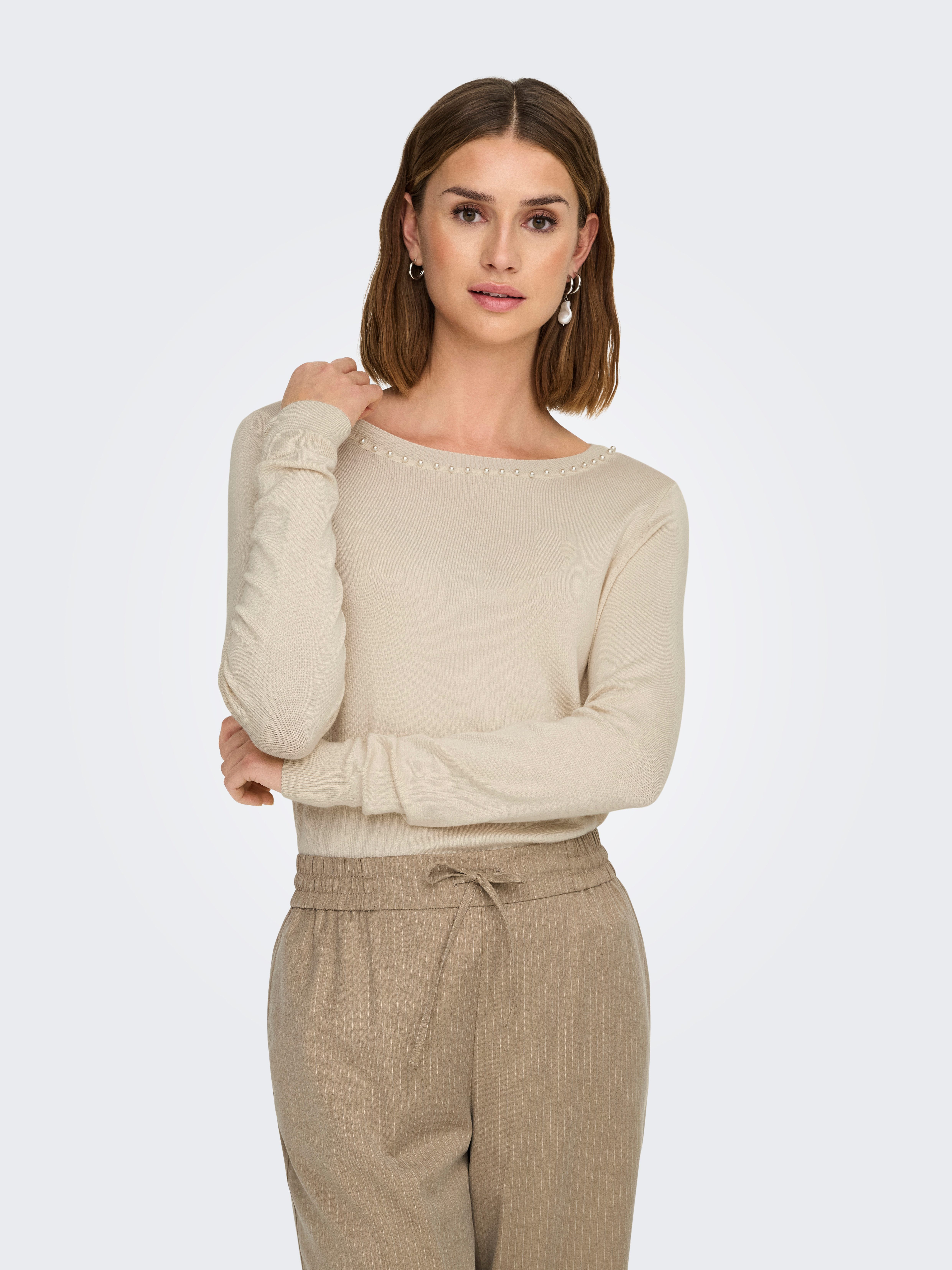 ONLY Strickpullover ONLVENICE – Strickpullover mit Perlendetail und Rundhal günstig online kaufen