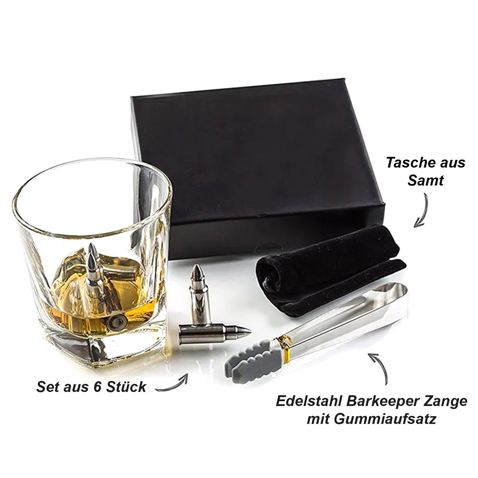 HAC24 Eiswürfel-Steine Whiskey Kühlsteine Steine Whiskysteine, Edelstahl Patronenform inkl. Zange und Samtbeutel Wiederverwendbar – Bild 3 von 5