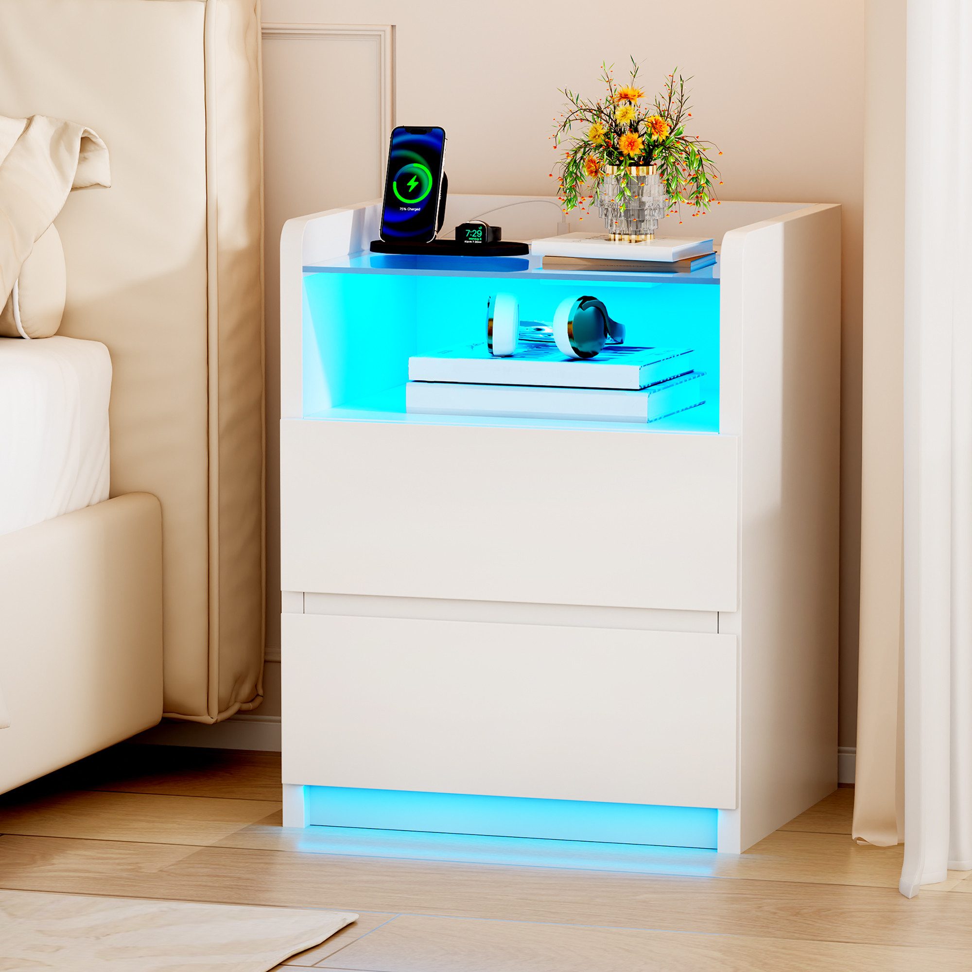 BEWISHOME Nachttisch 2er Set mit RGB-LED-Beleuchtung und Ladestation, 40x35x60 cm (2-St), Gehärtete Glasplatte, 2 Schubladen & Offenes Fach