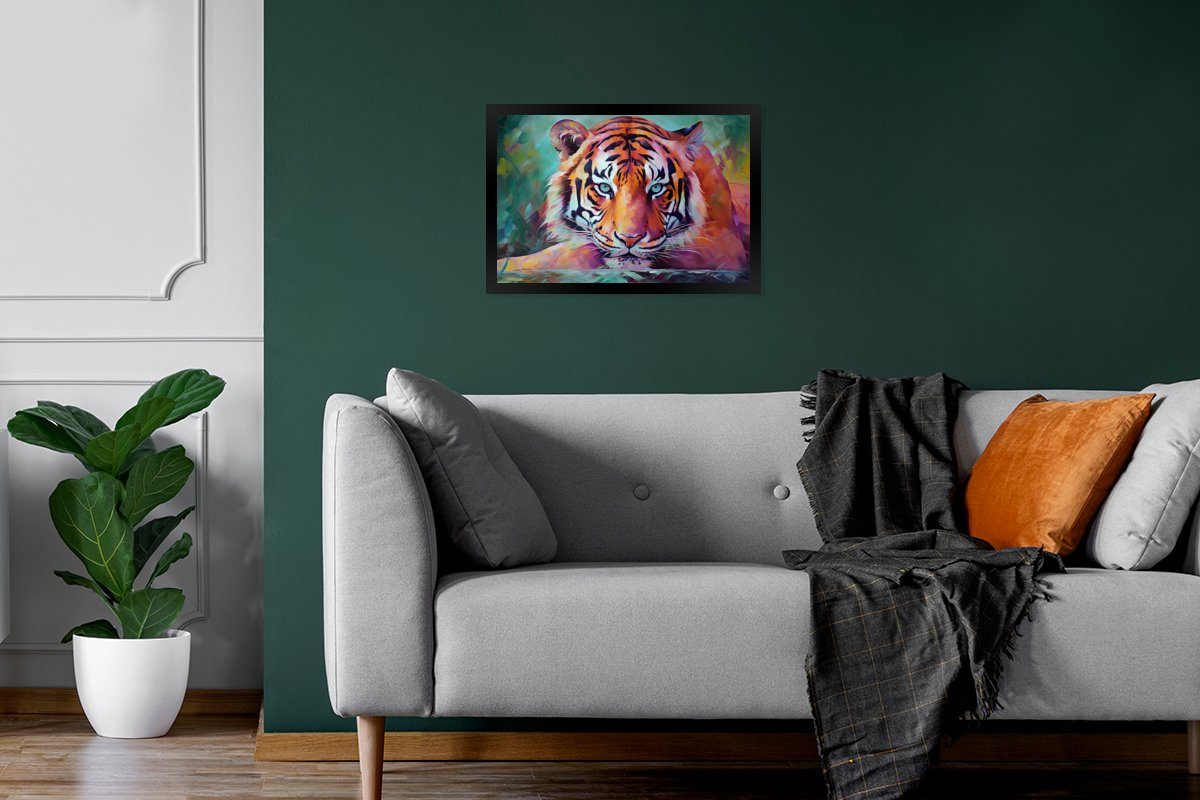 MuchoWow Poster Tiger - (1 Ölfarbe Wanddeko, Gerahmtes Kunst, St), Schwarzem - - Poster, Bilder, Wandposter, Bilderrahmen Tiere