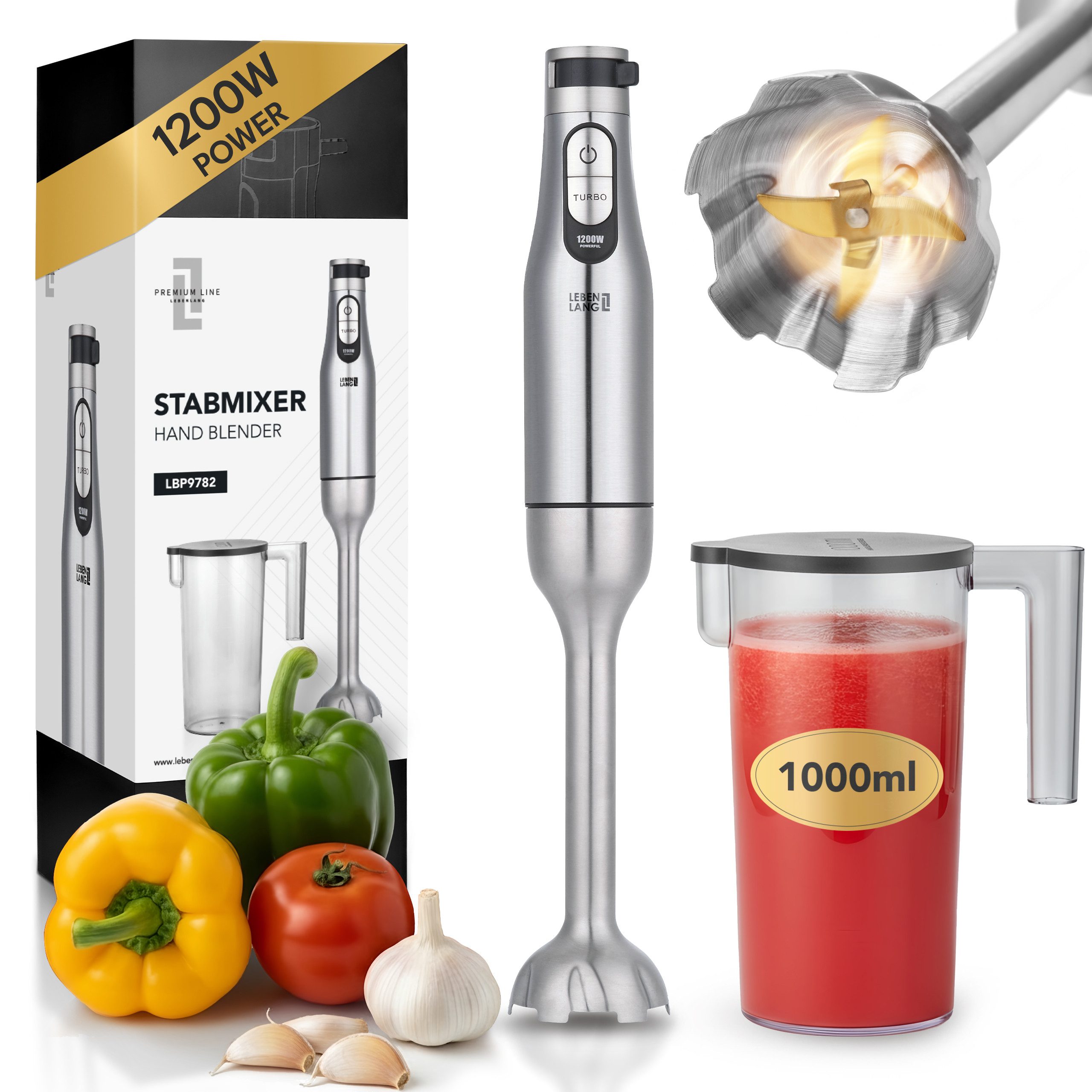 Lebenlang Stabmixer Premium aus Edelstahl - Stufenlos verstellbar & Inkl 1000ml Messbecher, 1200 W, Hand Blender mit Einhandbedienung, Allrounder in der Küche