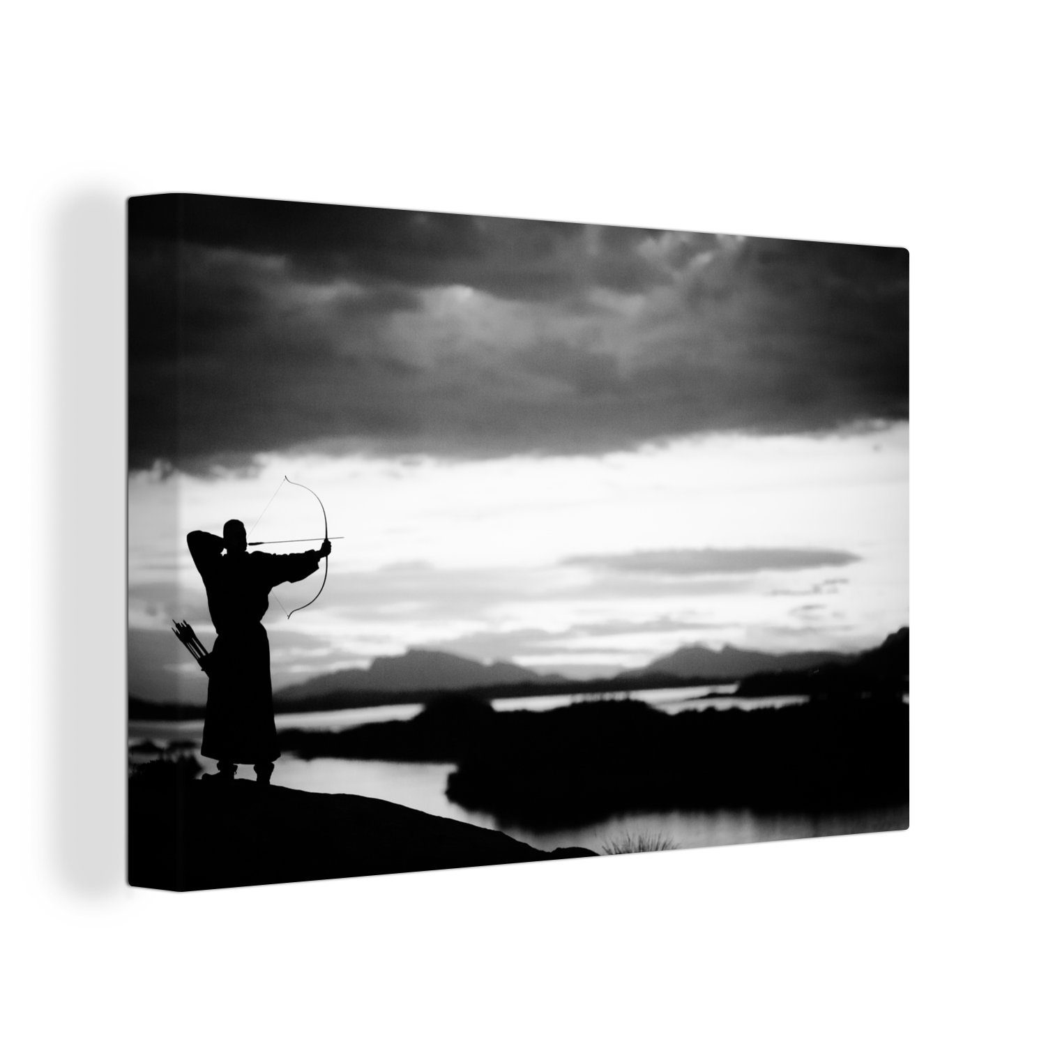 OneMillionCanvasses® Leinwandbild Jagd Mann Bogenschießen, (1 St), Wandbild Leinwandbilder, Aufhängefertig, Wanddeko, 30x20 cm