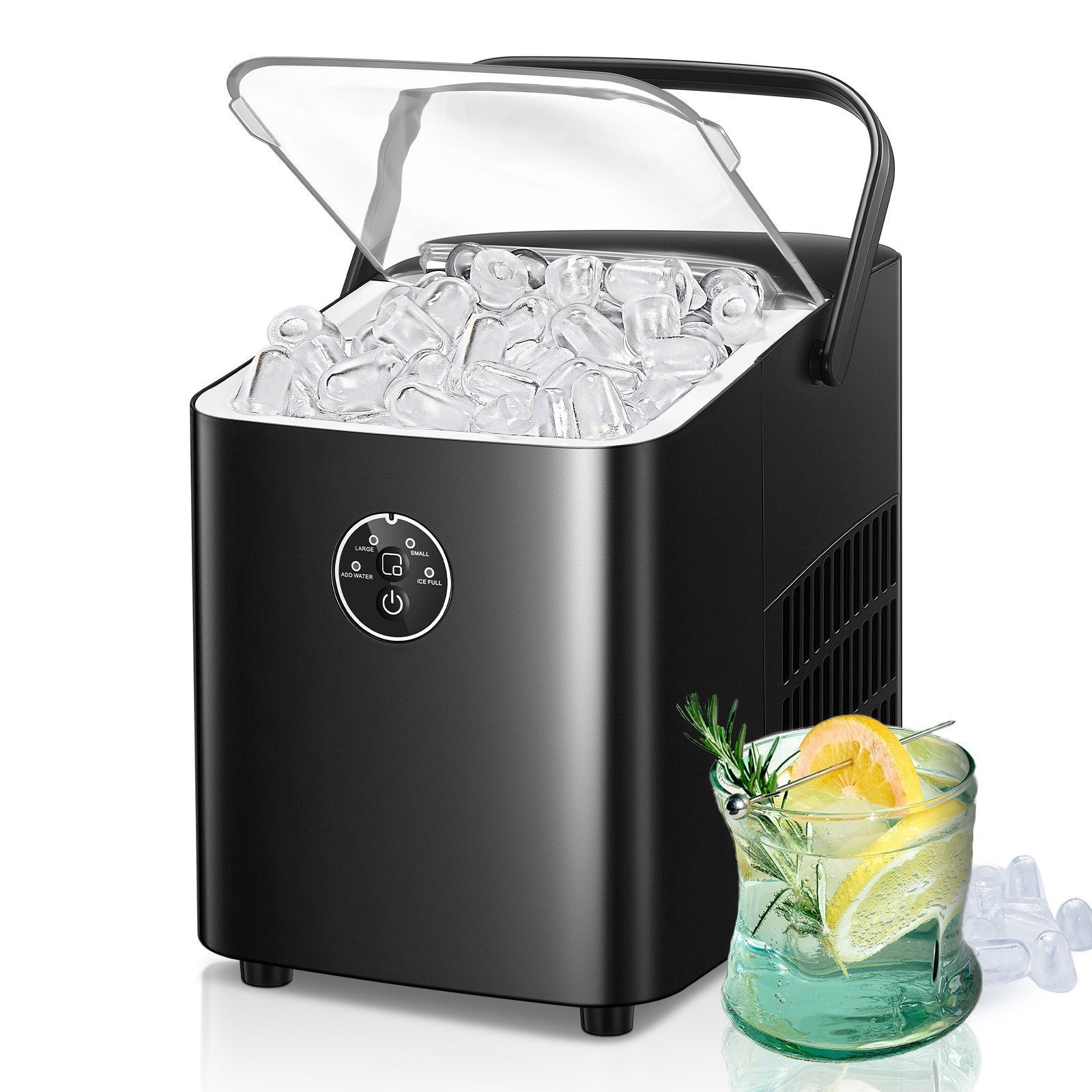 FOHERE Eiswürfelmaschine Klein, 14kg/24h, 5 Min. Eis, 2 Bullet Ice Größen, selbstreinigend, Party/Büro, schwarz