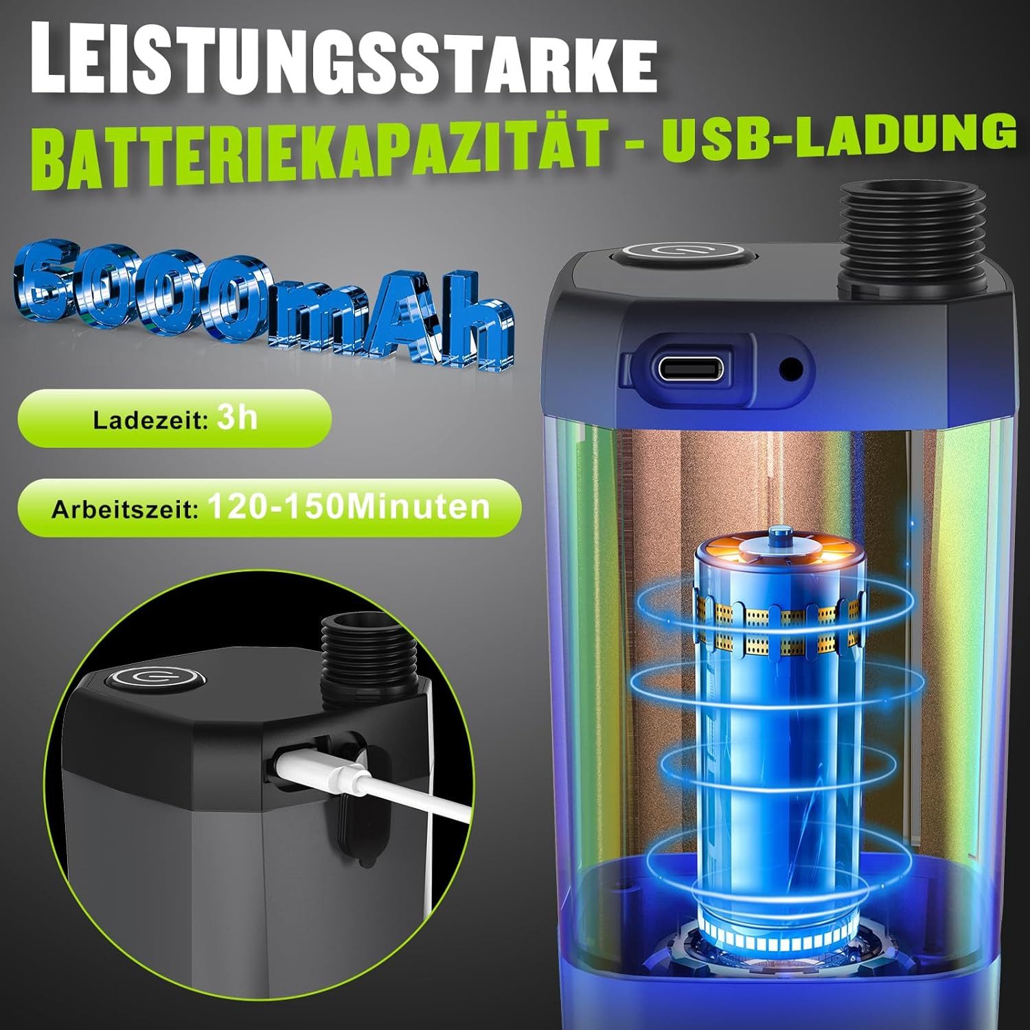 TWUFY Gartendusche Campingdusche mit Pumpe & wiederaufladbarem Akku 6000mAh (Camping Dusche Akku, Camping Dusche Tragbare Set mit Duschkopf und Schlauch, für Ga – Bild 2 von 5