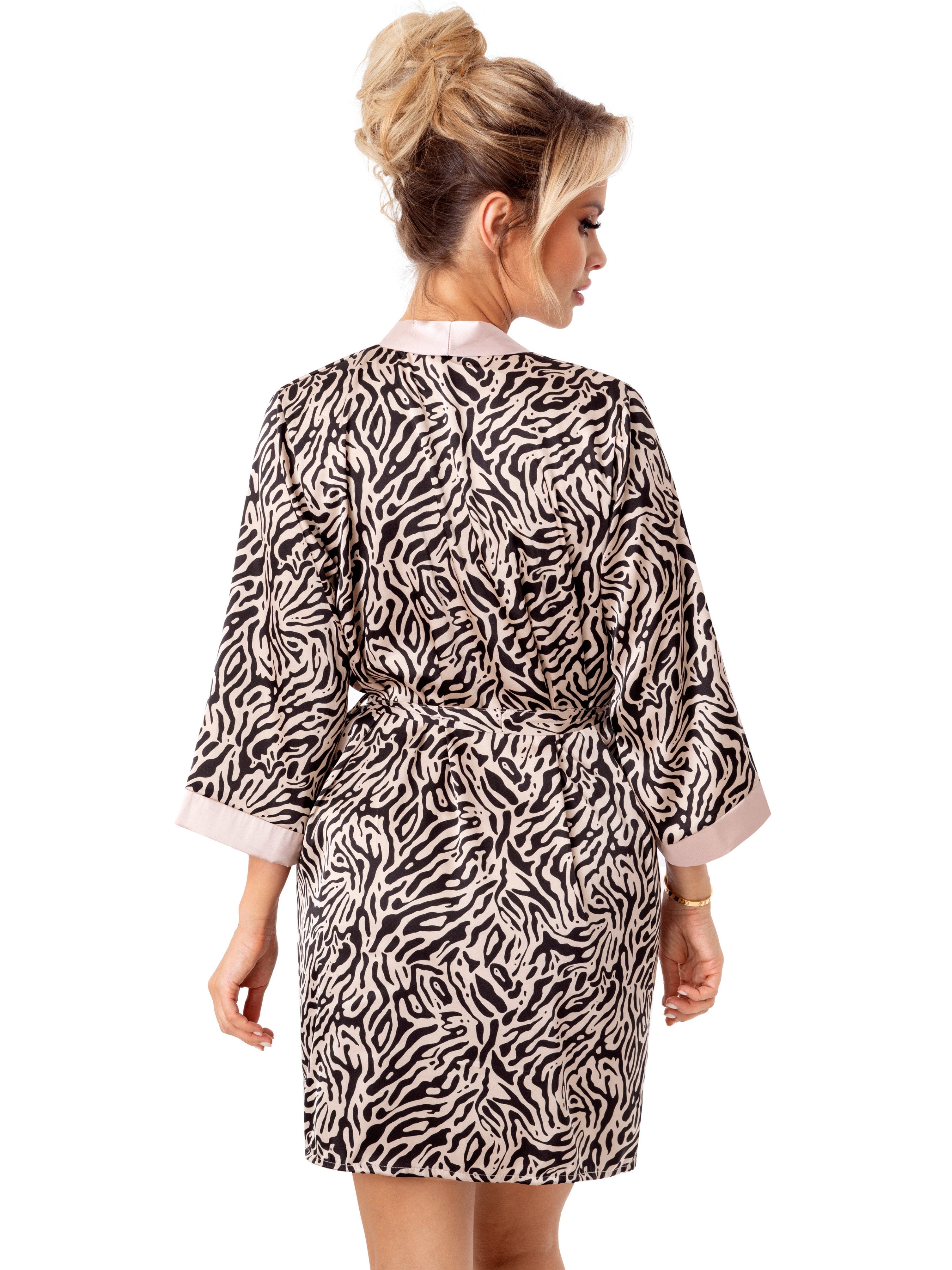 Donna Morgenmantel Satin-Kimono, Satin-Stretch, Schalkragen, Bindegürtel, mit farbigem Animal-Print