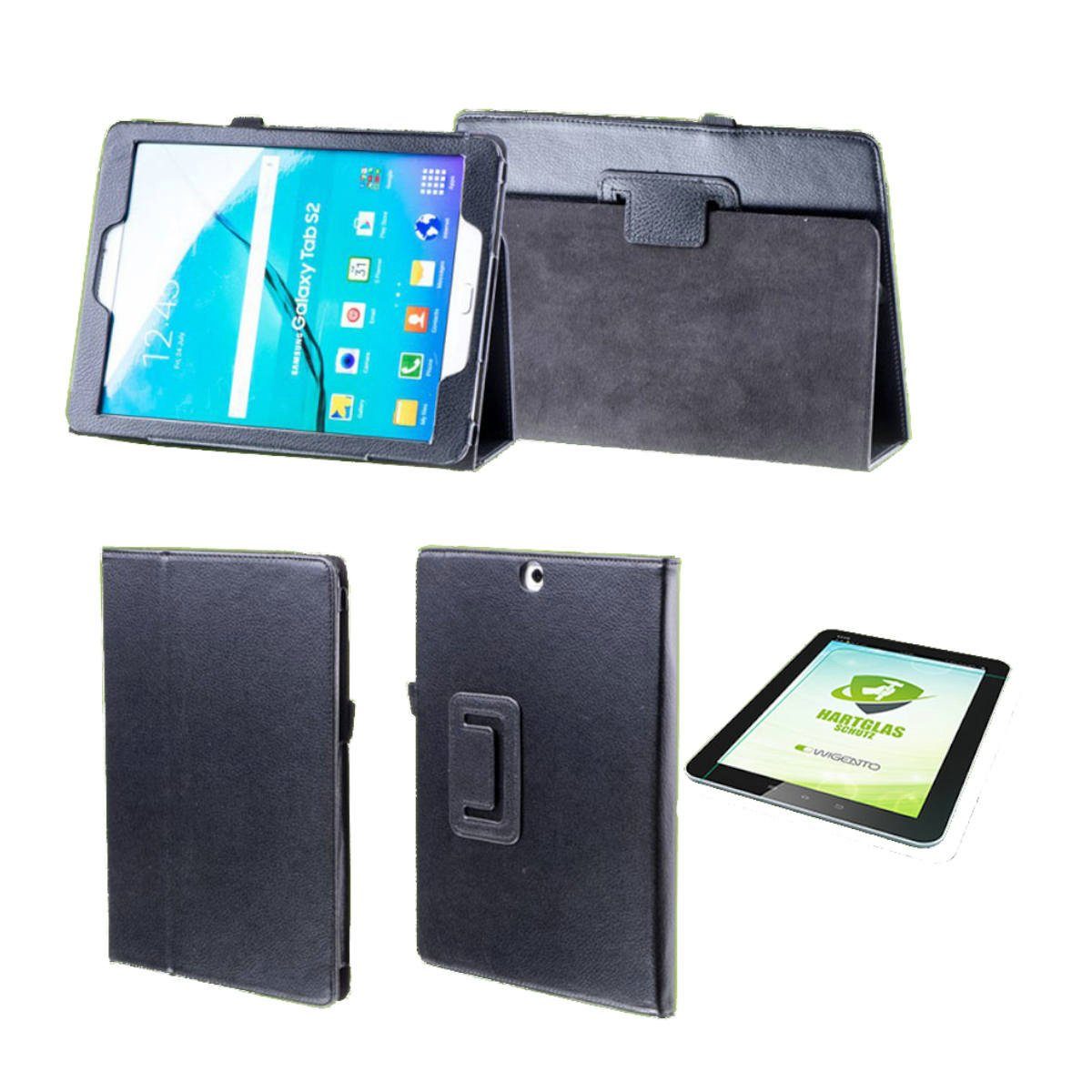 Wigento Tablet-Hülle Für Samsung Galaxy Tab A 10.1 2019 T510 T515 Hülle  Cover Tasche Schwarz Kunst Leder Case Neu + 0,3 mm Hart Glas