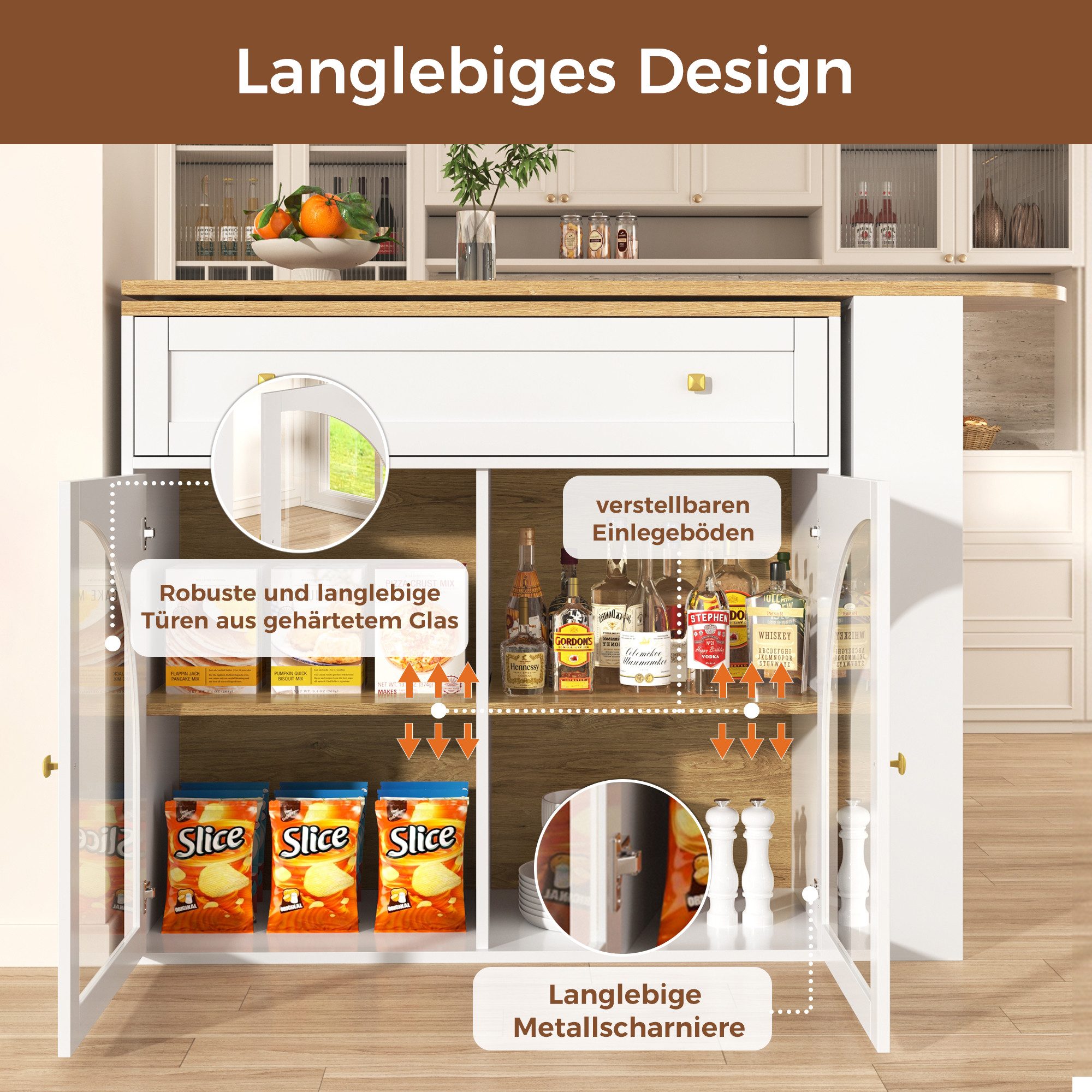 i@home Bartisch Essbar,Kücheninsel,Bistro Table,weiß /schwarz (Packung set, 1 Tisch), 360° drehbare,mit Stauraum und Sideboardschrank,138-204×39×104cm