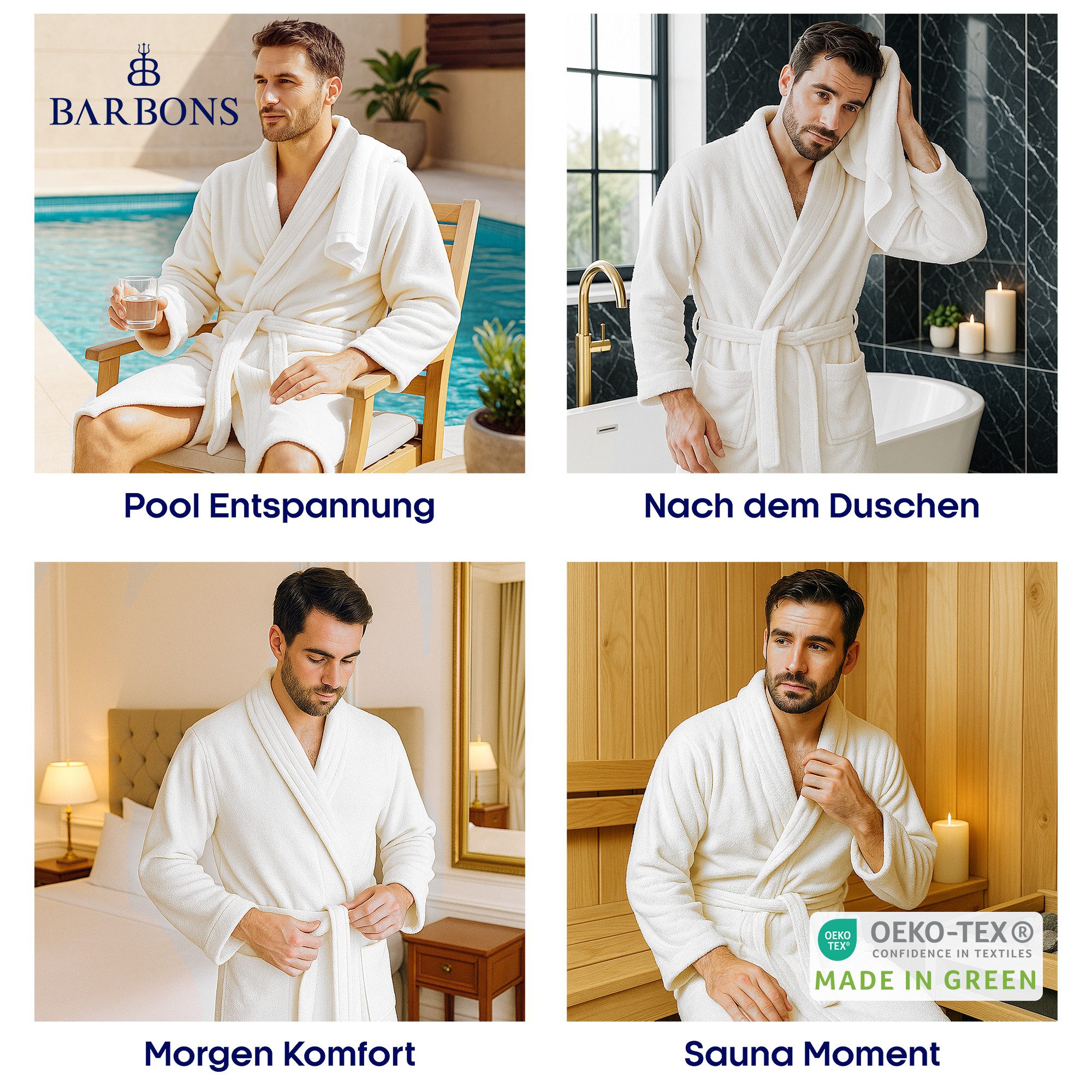 BARBONS Herrenbademantel Barbons Bademantel Herren, Morgenmantel Baumwolle mit Kapuze, Kapuze, Bindegürtel, Taschen, Gürtel, Langform, Walkfrottee, Kapuze, Gürtel, 2 Taschen, S-3XL