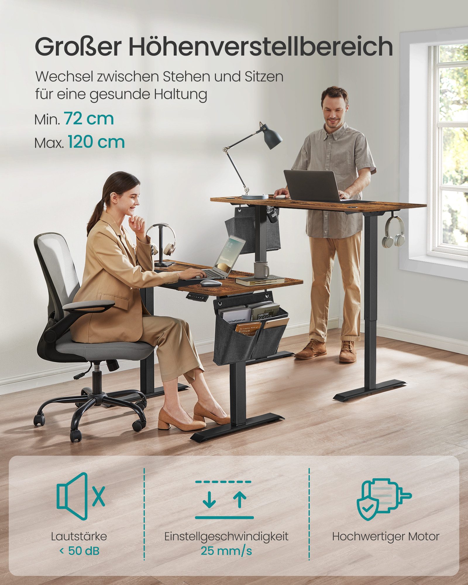 SONGMICS Schreibtisch Höhenverstellbarer elektrisch, USB-C-Anschluss (mit Stoff- Organizer), stufenlos verstellbar, Memory-Funktion mit 4 Höhen, 120/140/160/180 cm