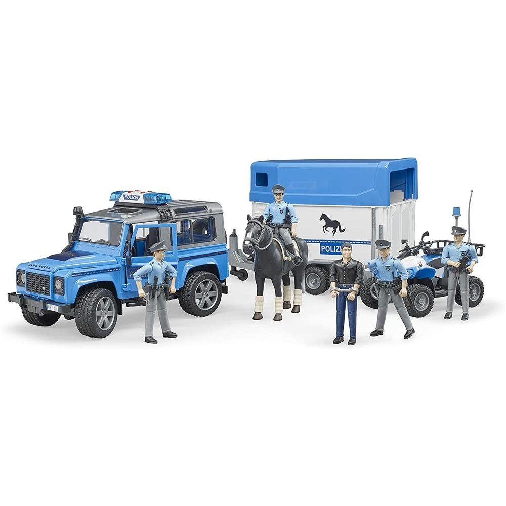 Bruder® Toy Police Land Rover Defender, Police Vehicle with Horse Trailer, Horse and Police Officer, Blue/White
