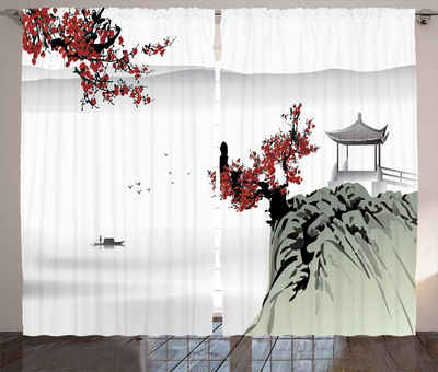 Gardine Schlafzimmer Kräuselband Vorhang mit Schlaufen und Haken, Abakuhaus, asiatisch Kirschblüten und Boot