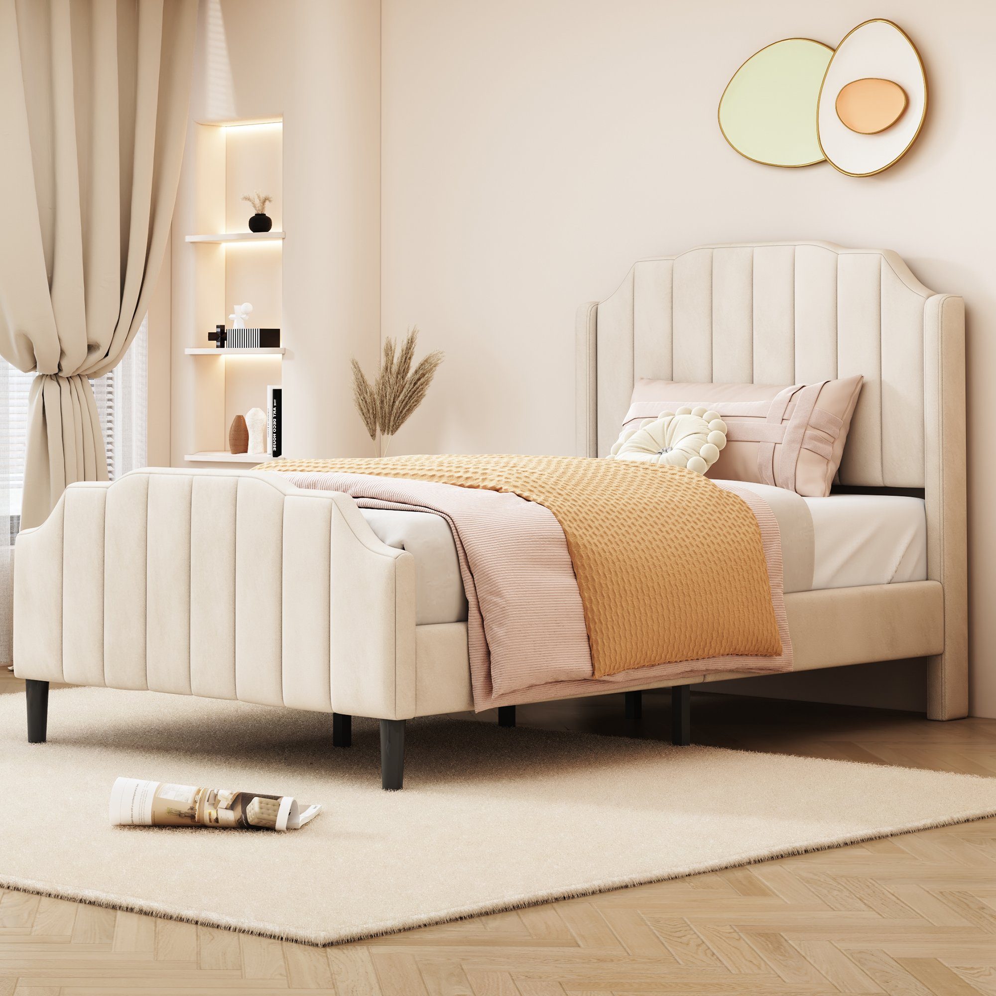 Polsterbett (Einzelbett 90 x 200 cm mit Kopfteil und Lattenrost), Jugendbett mit Gepolstertes Kopfteil, Bezug aus Samt