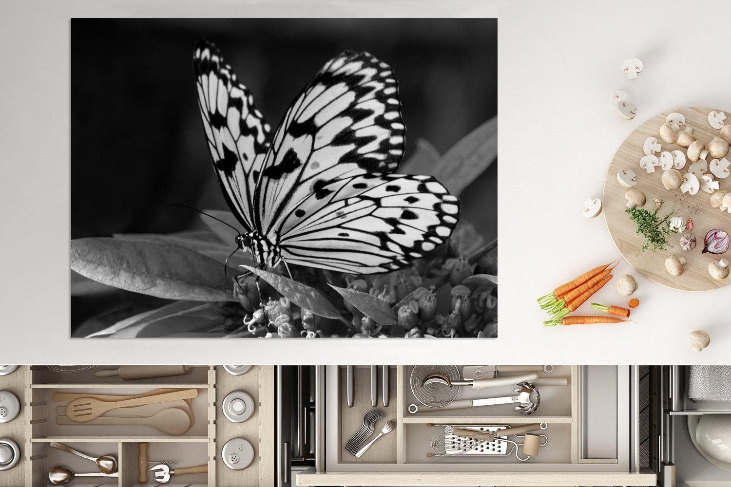Mobile MuchoWow 70x52 Schmetterling (1 tlg), mit Ceranfeldabdeckung oben Herdblende-/Abdeckplatte weiß, Vinyl, Flügeln leuconoe und - cm, schwarz Idea Arbeitsfläche nutzbar,