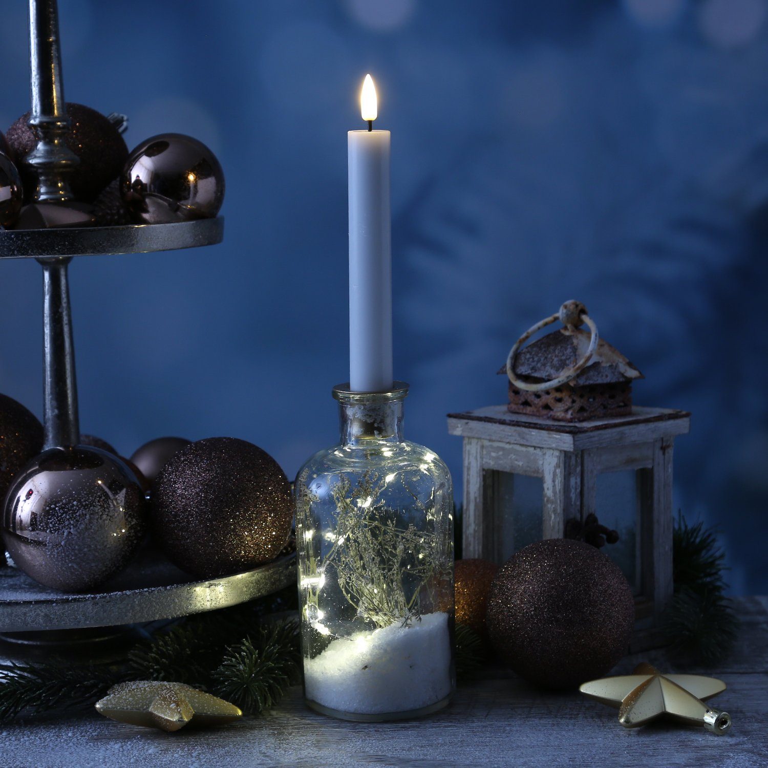 MARELIDA Kerzenhalter LED Dekoglas Trockenblumen Stabkerzenhalter Kunstschnee Leuchtglas (1 St) | Kerzenständer