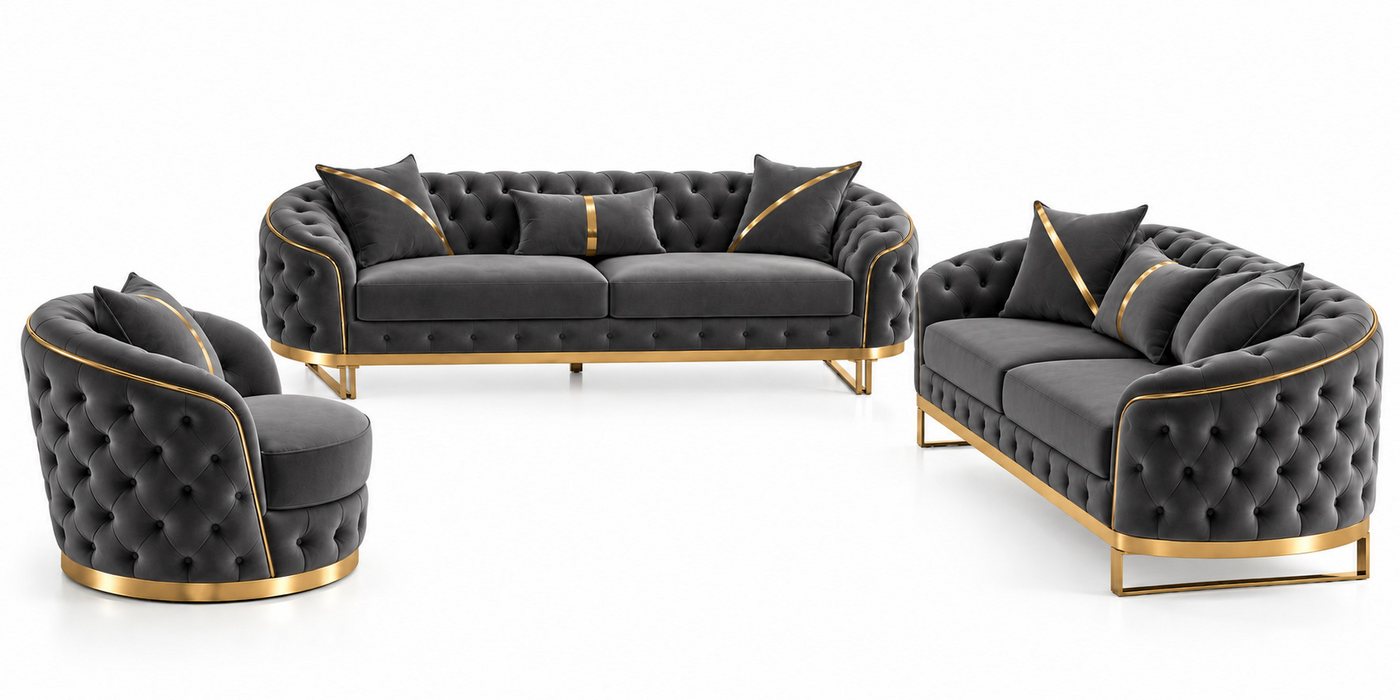 Palms-Store Sofa -Set MIRA mit Knopfheftung in 9 edlen Farbvarianten, Spar-Set, 3-Sitzer + 3-Sitzer + Sessel