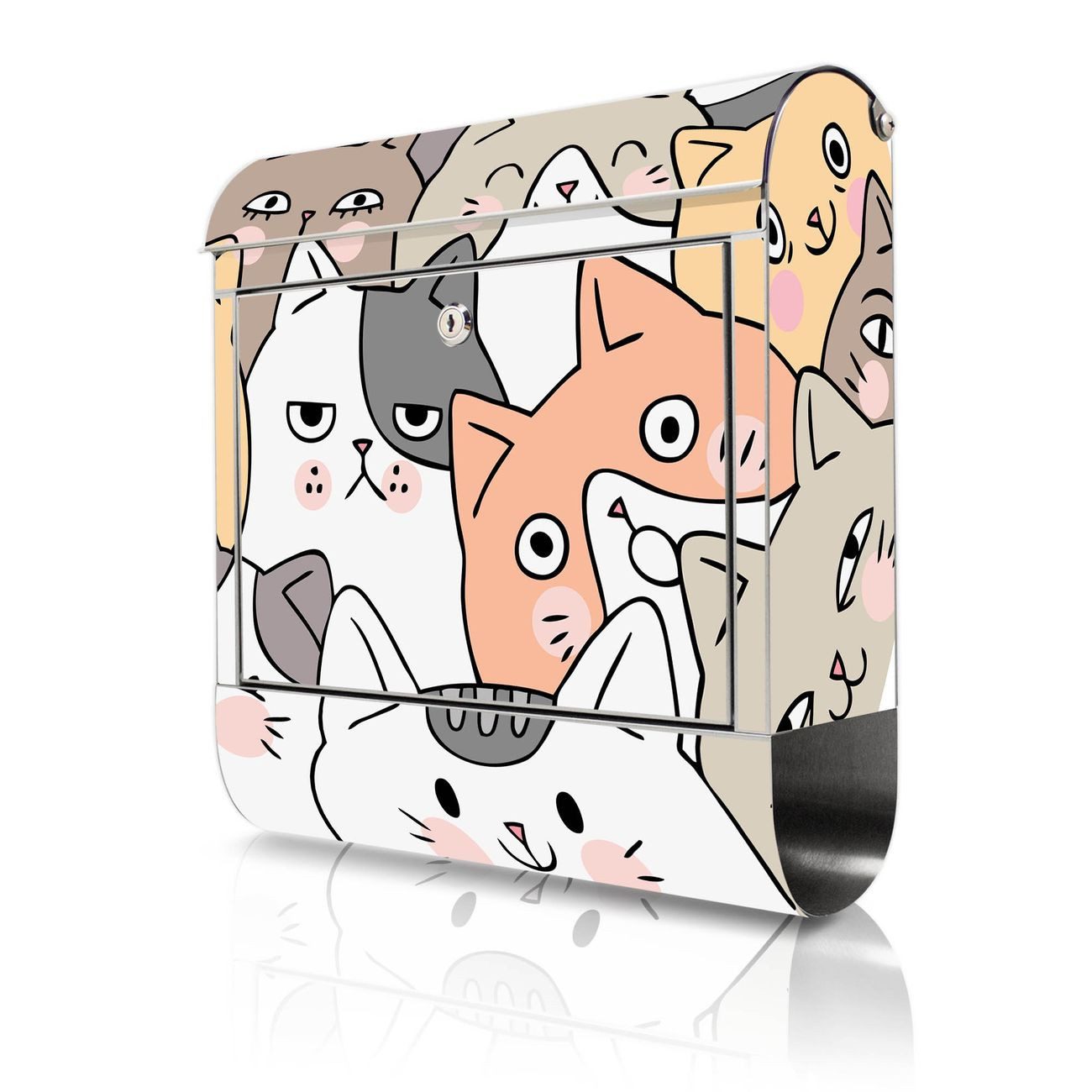 banjado Wandbriefkasten Edelstahl mit Motiv Katzen Gruppe neugierig (Wandbriefkasten groß, mit Zeitungsfach), 38 x 42,5 x12 cm